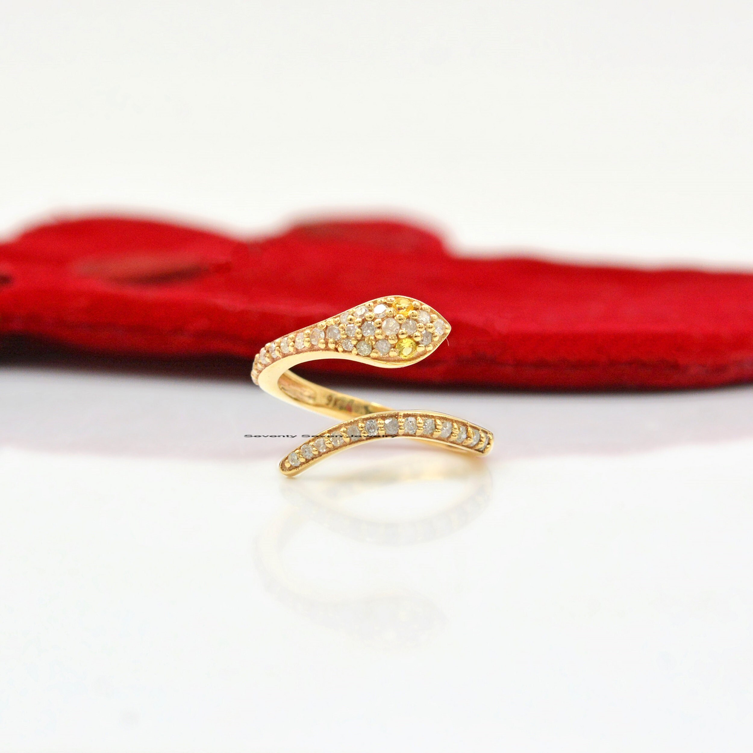 9K Gold Diamond Snake Ring: Gemstone Serpent Cuff - View 3 - Seventy Seven Jewelry | SKU: SSMJR21-9KYGDITS-2026 9K Gold Diamond Snake Ring: Gemstone Serpent Cuff - View 3 - Seventy Seven Jewelry | SKU: SSMJR21-9KYGDITS-2026