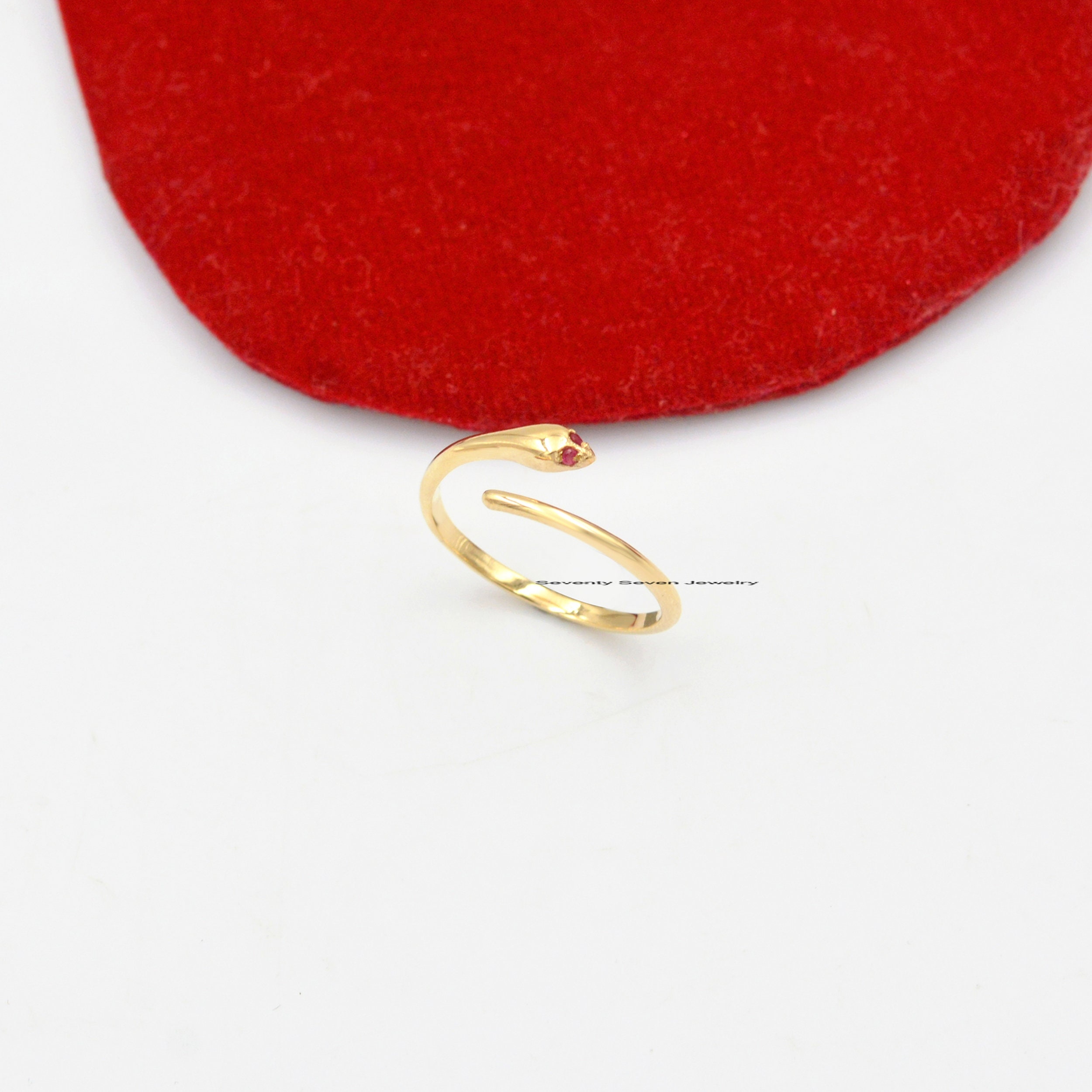 9k Gold Emerald Snake Ring: Dainty Serpent Stacking Band - View 4 - Seventy Seven Jewelry | SKU: SSMJR03-9KYGDI-2026 9k Gold Emerald Snake Ring: Dainty Serpent Stacking Band - View 4 - Seventy Seven Jewelry | SKU: SSMJR03-9KYGDI-2026