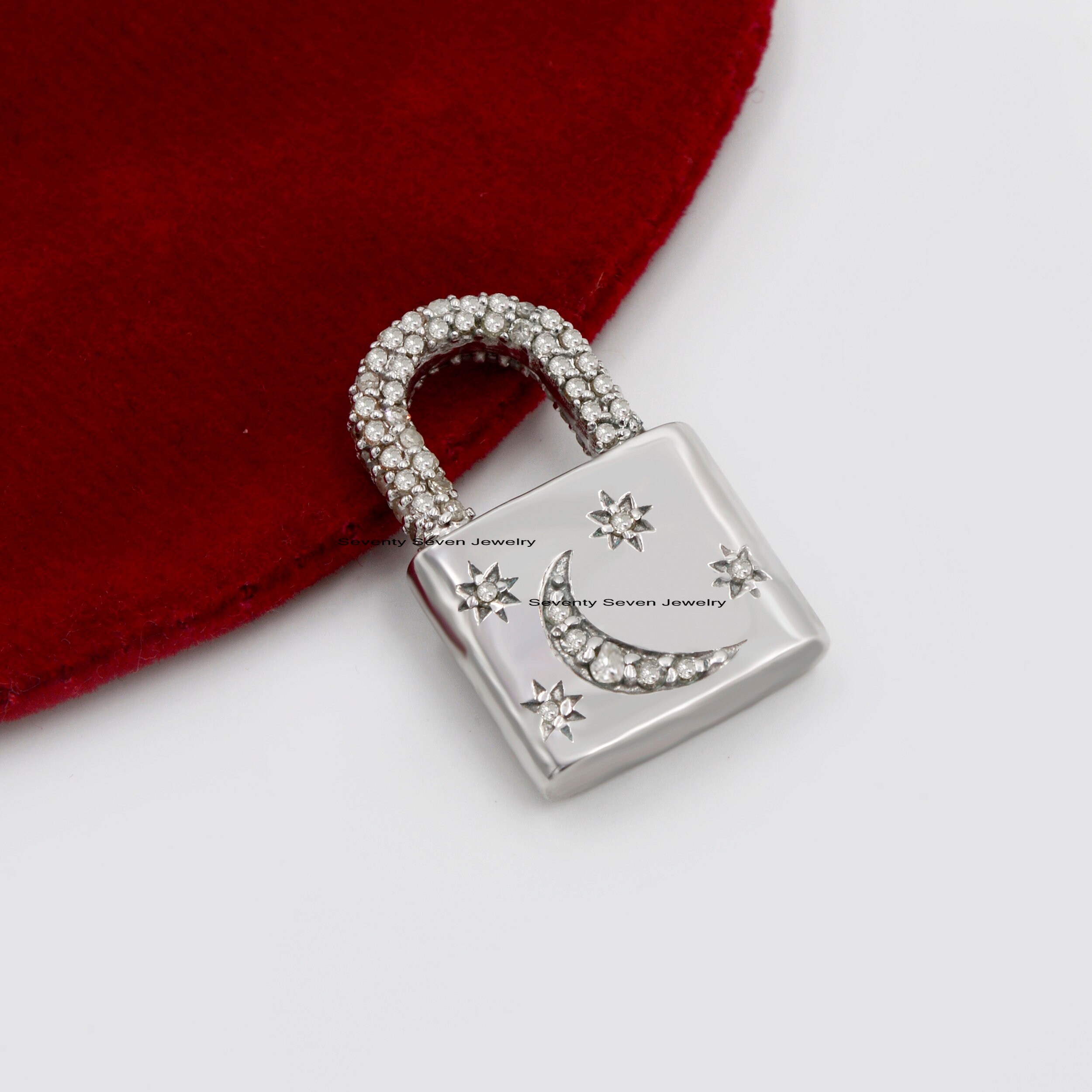 925 Silver Diamond Star Moon Padlock Pendant - View 6 - Seventy Seven Jewelry | SKU: SSMJP43-SLYGDI-2026,SSMJP43-SLYGCZ-VP 925 Silver Diamond Star Moon Padlock Pendant - View 6 - Seventy Seven Jewelry | SKU: SSMJP43-SLYGDI-2026,SSMJP43-SLYGCZ-VP