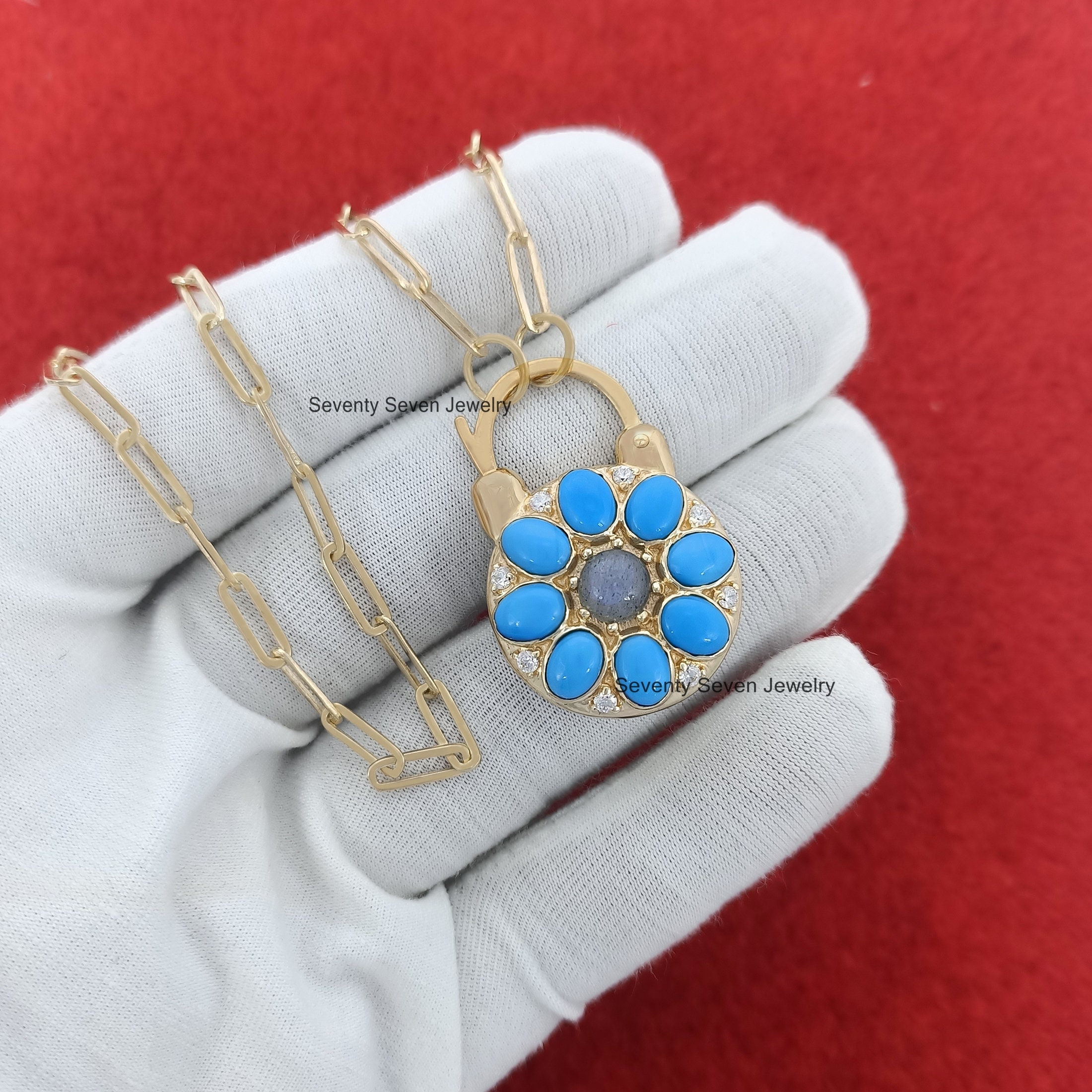 Turquoise Flower Padlock: 14K Gold Vermeil, 925 Silver Connector - View 4 - Seventy Seven Jewelry | SKU: SSMJP505-SLYGTQLBWT- Turquoise Flower Padlock: 14K Gold Vermeil, 925 Silver Connector - View 4 - Seventy Seven Jewelry | SKU: SSMJP505-SLYGTQLBWT-