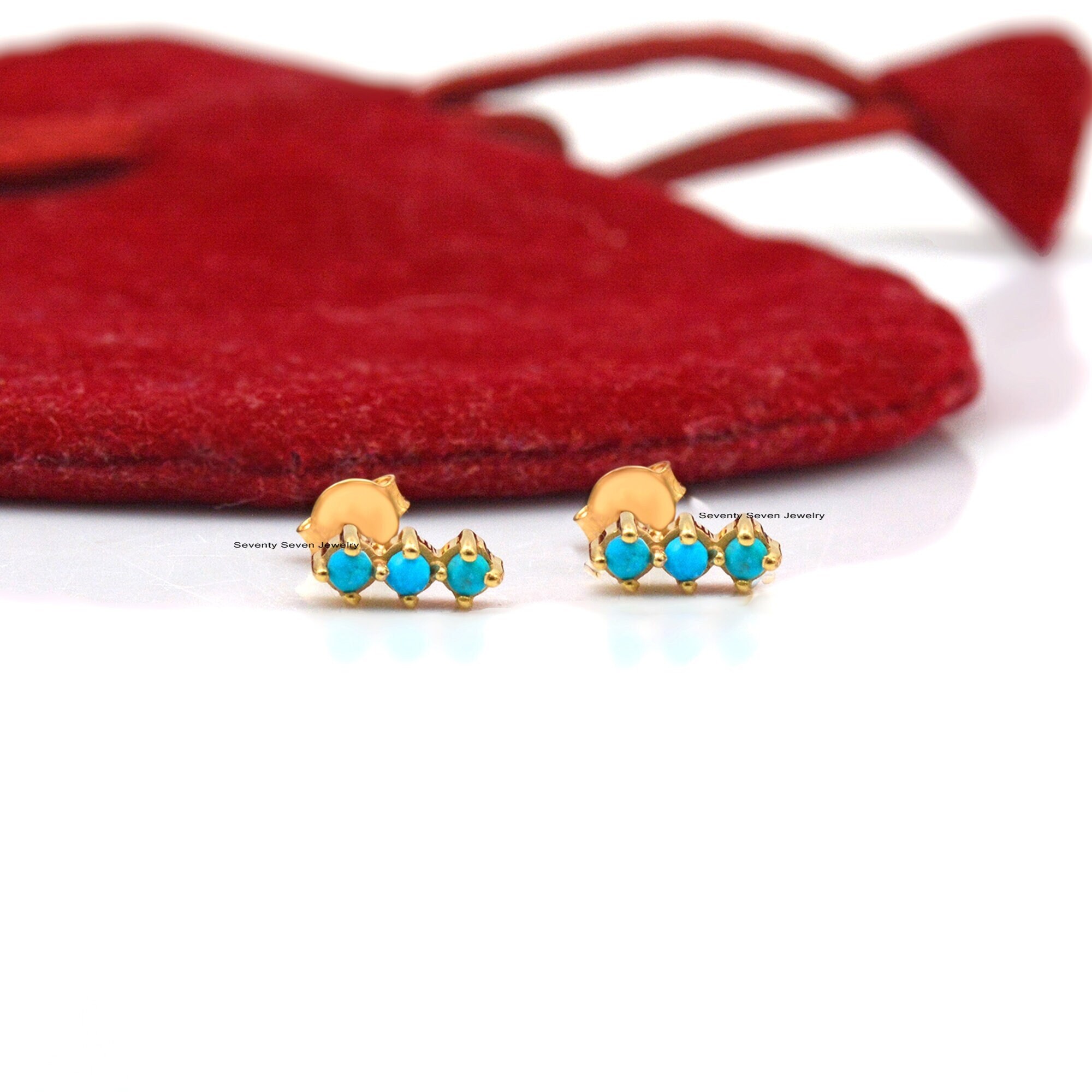 Sterling Silver Turquoise Bar Studs: Lab Diamond Earrings (7mm) - View 2 - Seventy Seven Jewelry | SKU: SSMJE947-SLYGTQ-7M-20 Sterling Silver Turquoise Bar Studs: Lab Diamond Earrings (7mm) - View 2 - Seventy Seven Jewelry | SKU: SSMJE947-SLYGTQ-7M-20