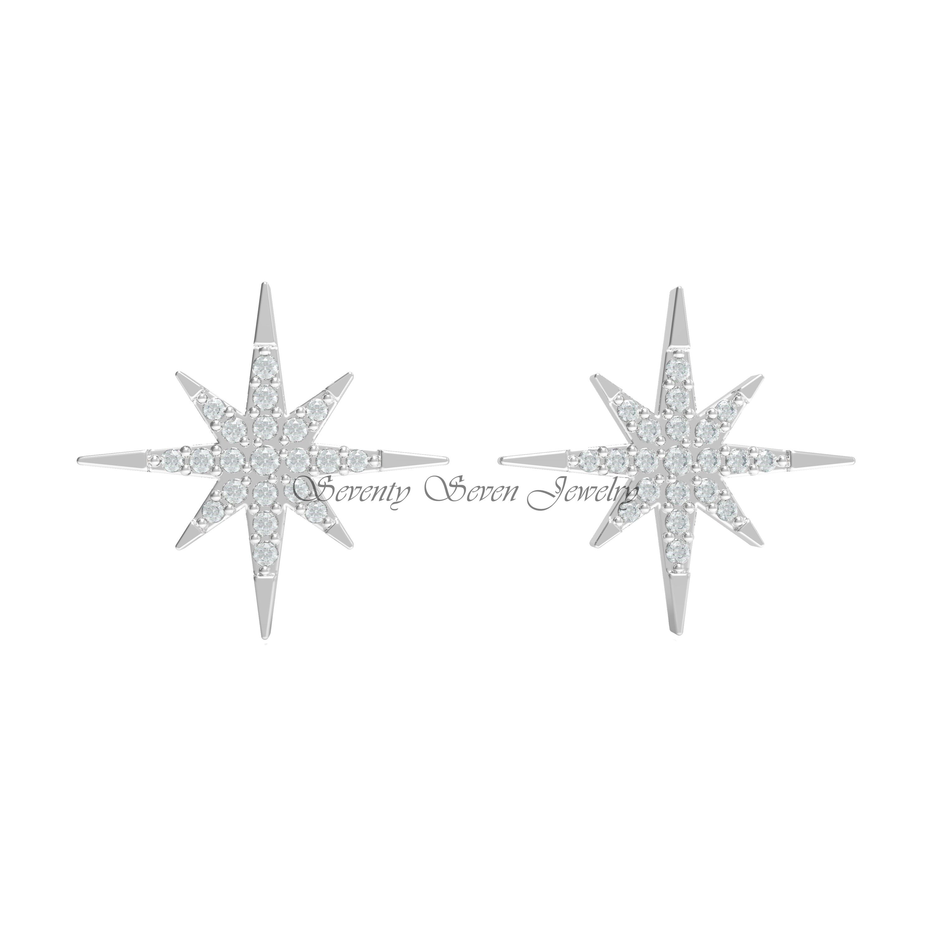 14k Gold Diamond Starburst Stud Earrings, Tiny 12mm Jewelry - View 5 - Seventy Seven Jewelry | SKU: SSMJE325-14KYGDI 14k Gold Diamond Starburst Stud Earrings, Tiny 12mm Jewelry - View 5 - Seventy Seven Jewelry | SKU: SSMJE325-14KYGDI