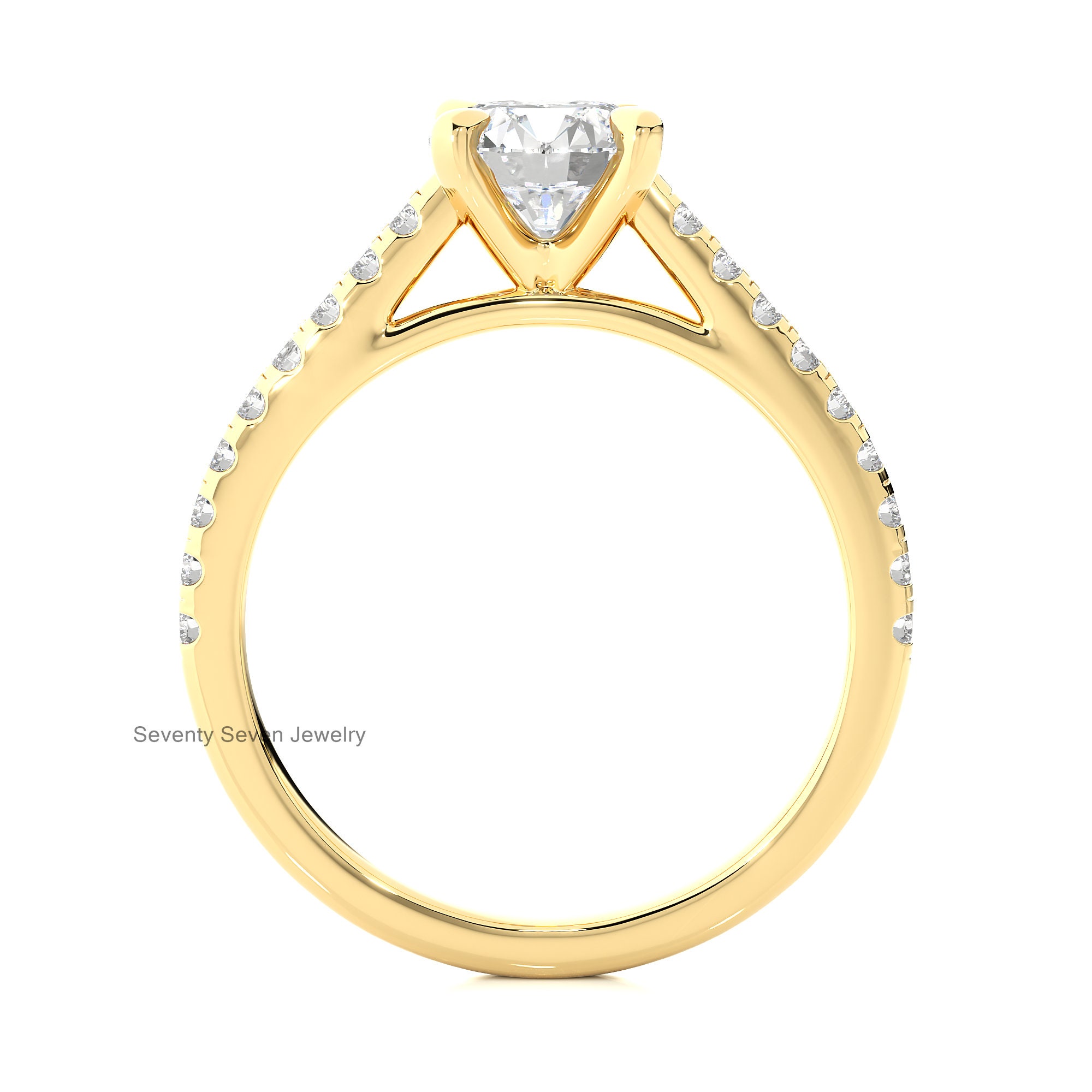 14K Gold Moissanite Diamond Ring: Delicate Side-Stone Proposal Band - View 5 - Seventy Seven Jewelry | SKU: MJR1927-14KYGMN-2 14K Gold Moissanite Diamond Ring: Delicate Side-Stone Proposal Band - View 5 - Seventy Seven Jewelry | SKU: MJR1927-14KYGMN-2