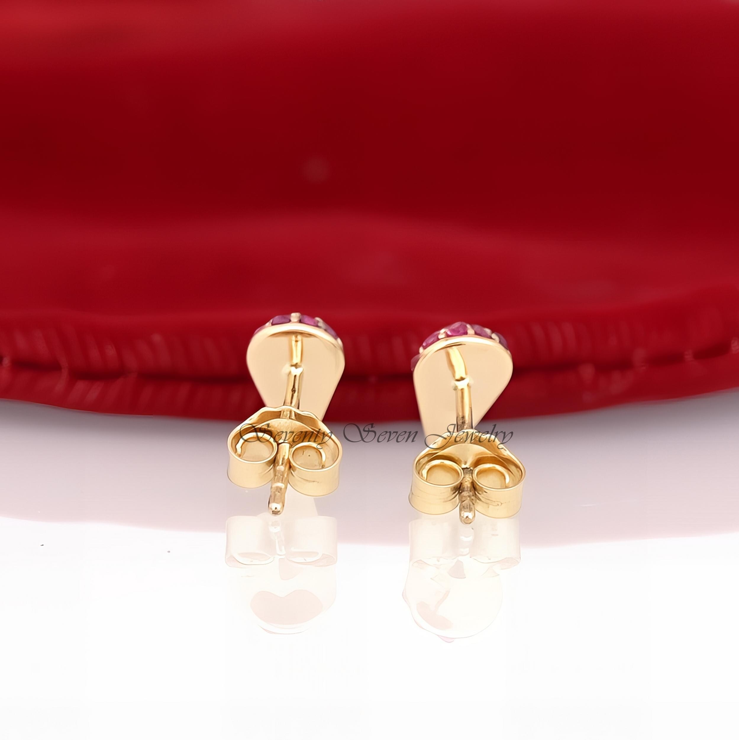 14k Gold Ruby Ice Cream Cone Stud Earrings: Minimalist Gemstone Jewelry - View 4 - Seventy Seven Jewelry | SKU: SSMJE896-14KY 14k Gold Ruby Ice Cream Cone Stud Earrings: Minimalist Gemstone Jewelry - View 4 - Seventy Seven Jewelry | SKU: SSMJE896-14KY