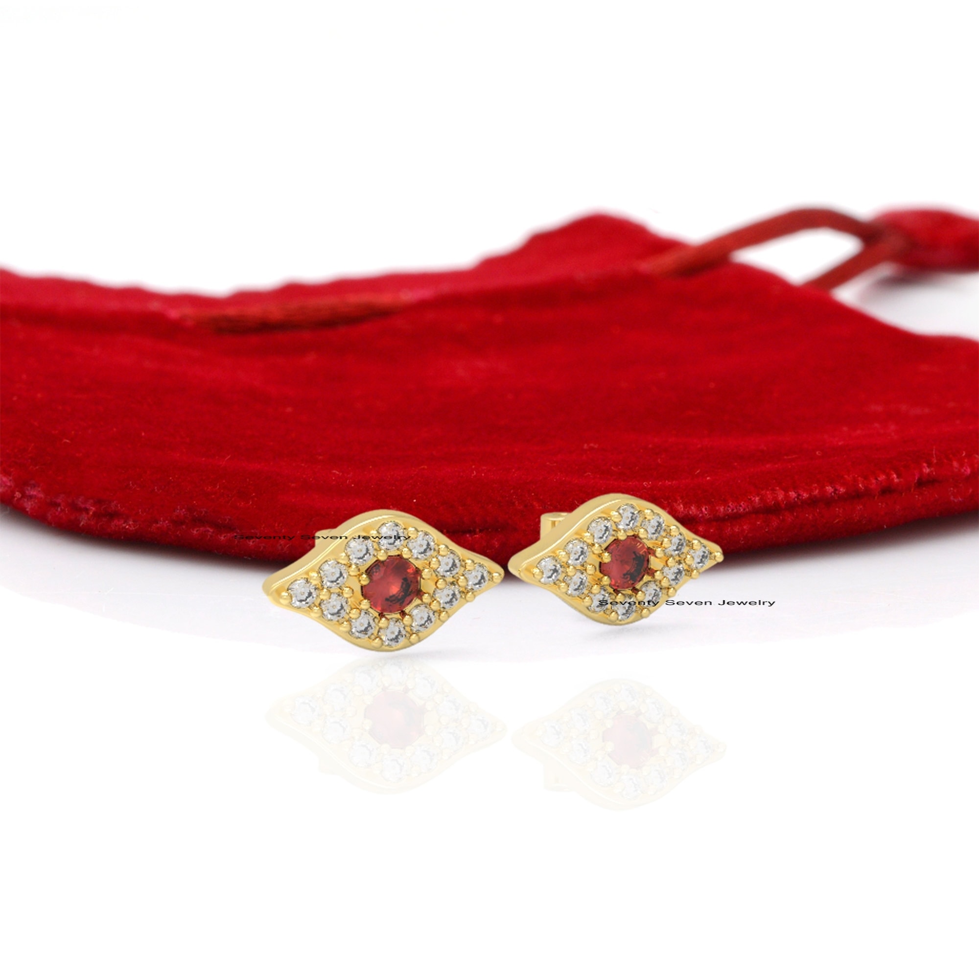 14k Gold Evil Eye Studs: Ruby & Diamond Goodluck Jewelry - View 5 - Seventy Seven Jewelry | SKU: SSMJE310-14KYGDIRU-2026 14k Gold Evil Eye Studs: Ruby & Diamond Goodluck Jewelry - View 5 - Seventy Seven Jewelry | SKU: SSMJE310-14KYGDIRU-2026