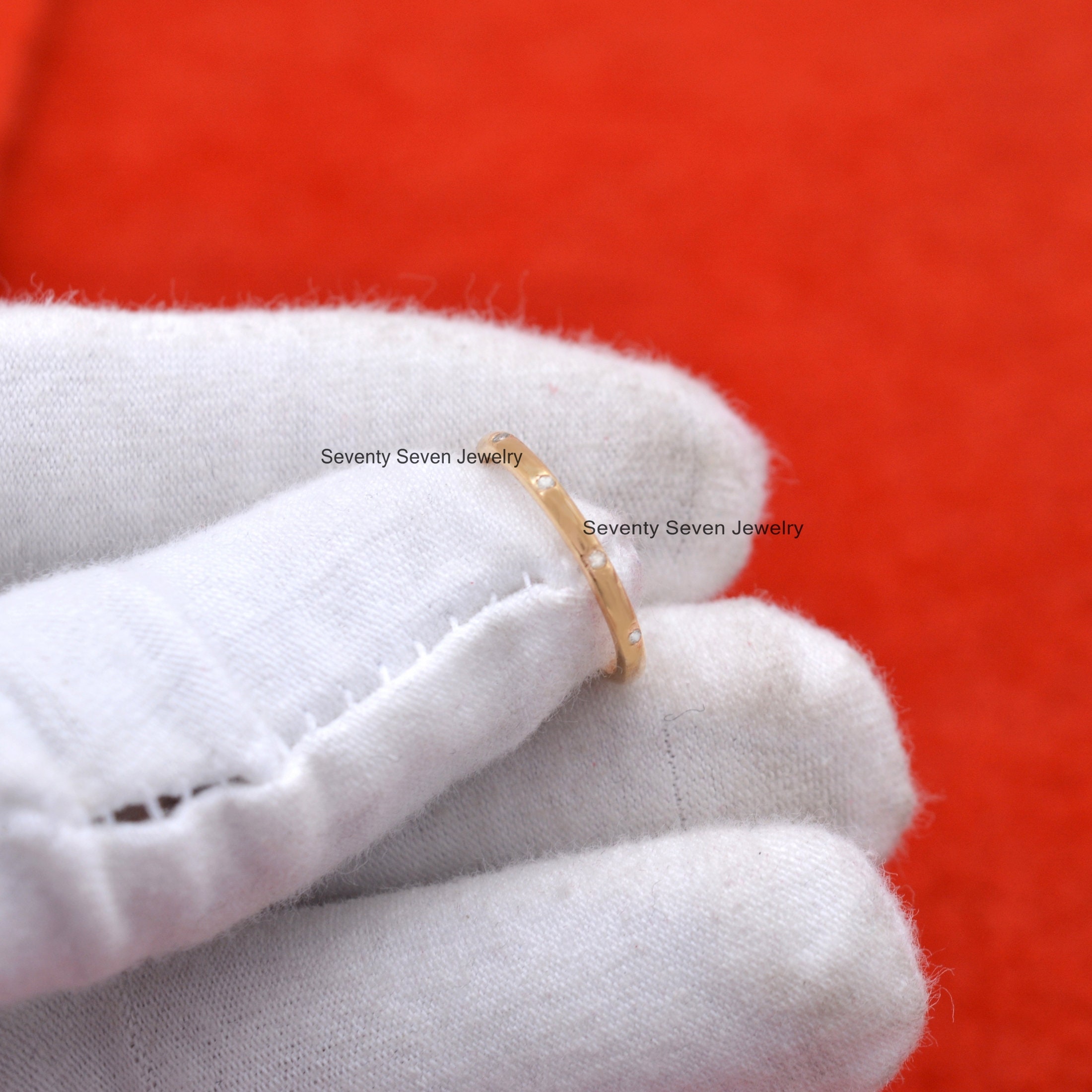 14k Gold Diamond Wedding Band Ring: Thin Dainty Gemstone - View 4 - Seventy Seven Jewelry | SKU: SSMJR08-14KYGDI-2026 14k Gold Diamond Wedding Band Ring: Thin Dainty Gemstone - View 4 - Seventy Seven Jewelry | SKU: SSMJR08-14KYGDI-2026