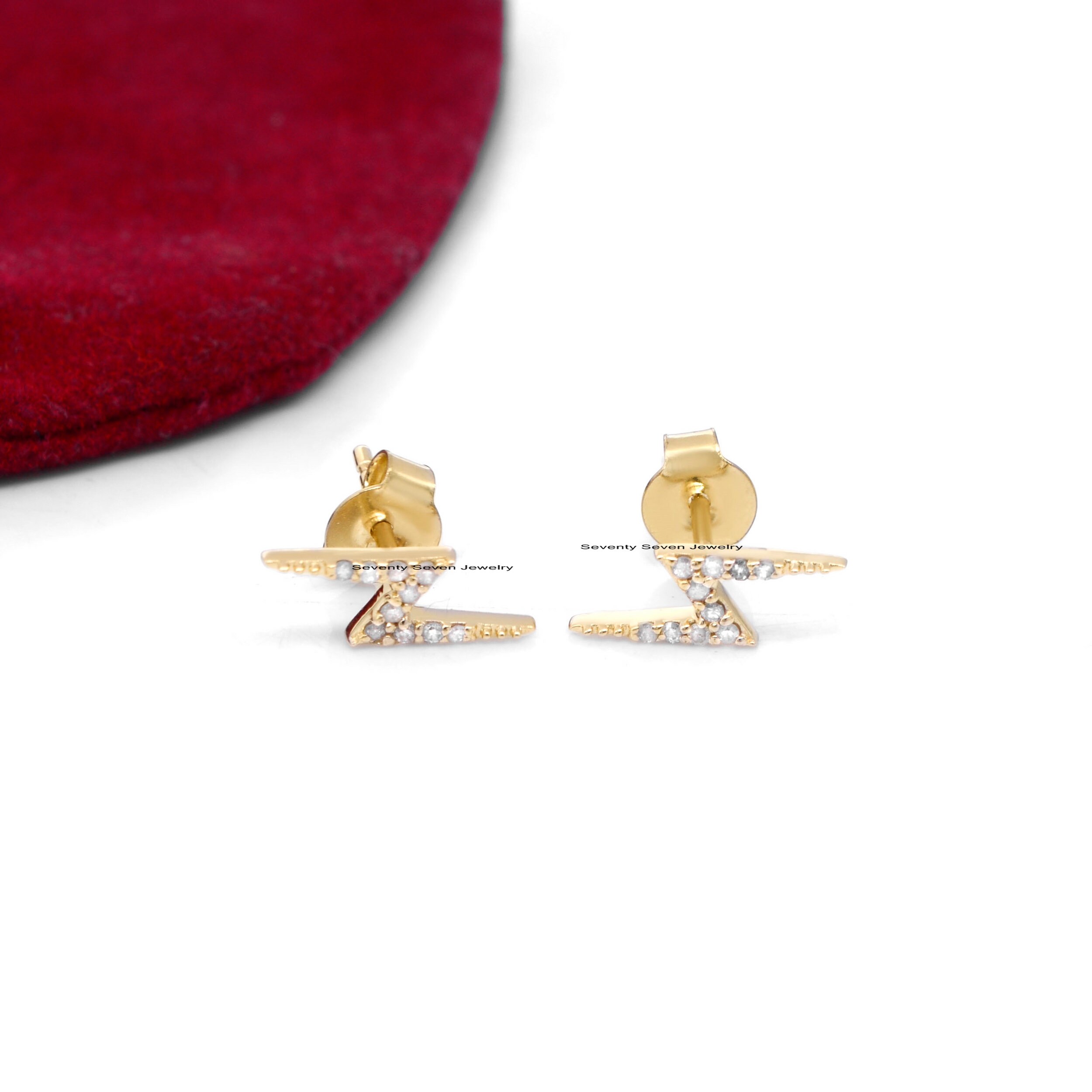 Diamond Thunder Bolt Studs: Sterling Silver Zig-Zag Earrings - View 3 - Seventy Seven Jewelry | SKU: SSMJE379-SLYGDI-2026 Diamond Thunder Bolt Studs: Sterling Silver Zig-Zag Earrings - View 3 - Seventy Seven Jewelry | SKU: SSMJE379-SLYGDI-2026