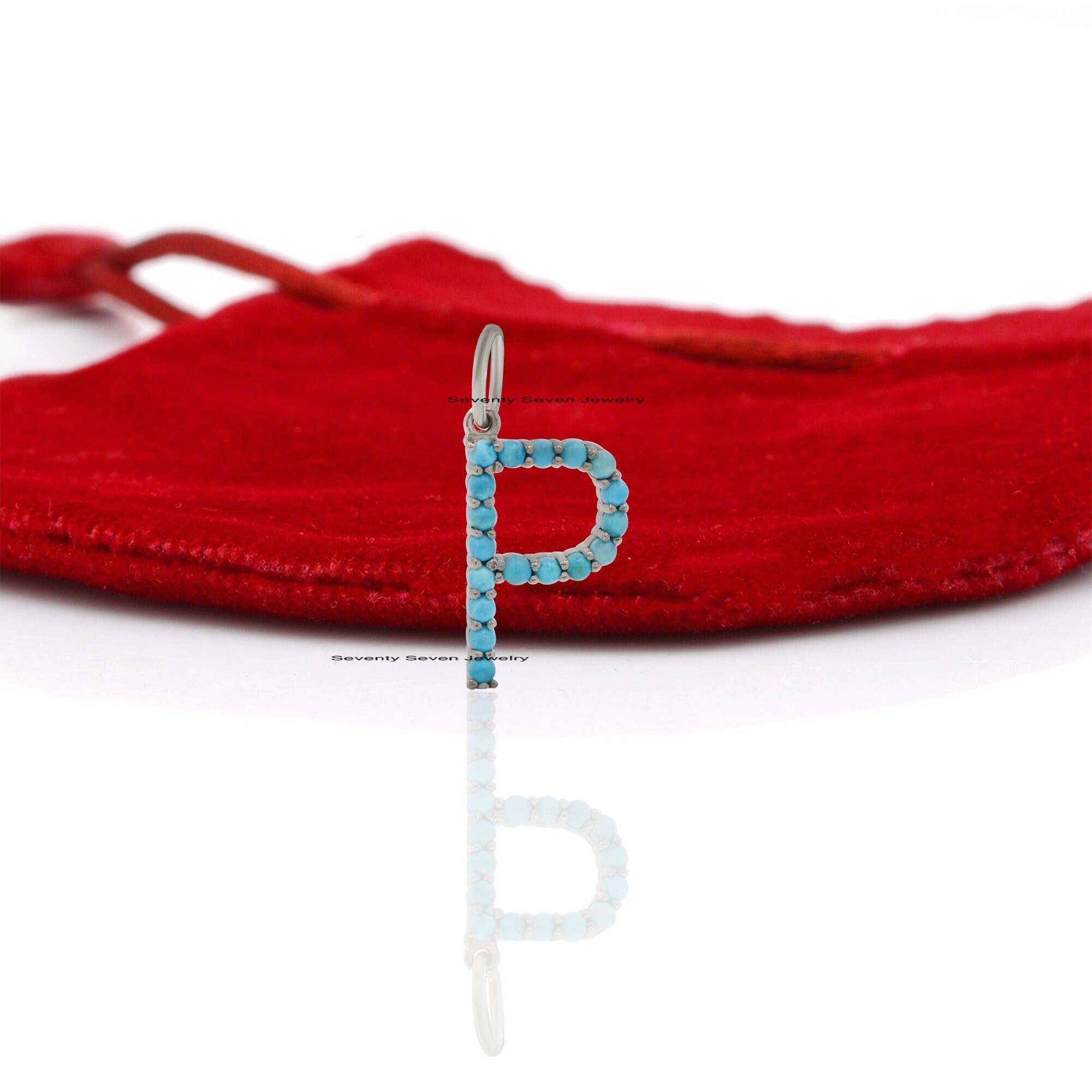 Turquoise Initial Pendant: 925 Silver Gemstone Letter Charm - View 7 - Seventy Seven Jewelry | SKU: SSMJP87-SLNSTQ-N-2026 Turquoise Initial Pendant: 925 Silver Gemstone Letter Charm - View 7 - Seventy Seven Jewelry | SKU: SSMJP87-SLNSTQ-N-2026