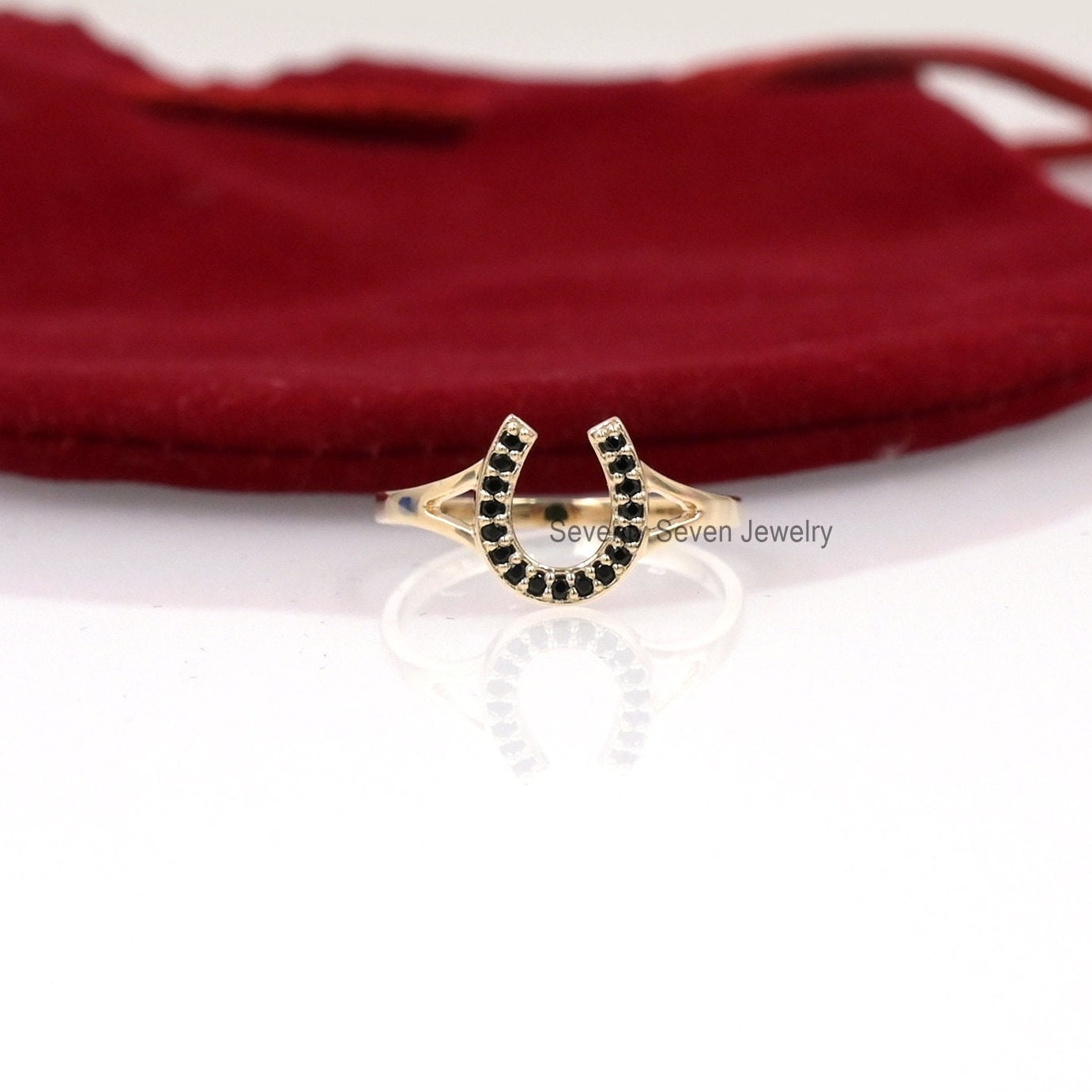 Sterling Silver Moissanite Horseshoe Ring: Lucky Vintage Style - View 6 - Seventy Seven Jewelry | SKU: SSMJR406-SLYGDI-2026 Sterling Silver Moissanite Horseshoe Ring: Lucky Vintage Style - View 6 - Seventy Seven Jewelry | SKU: SSMJR406-SLYGDI-2026