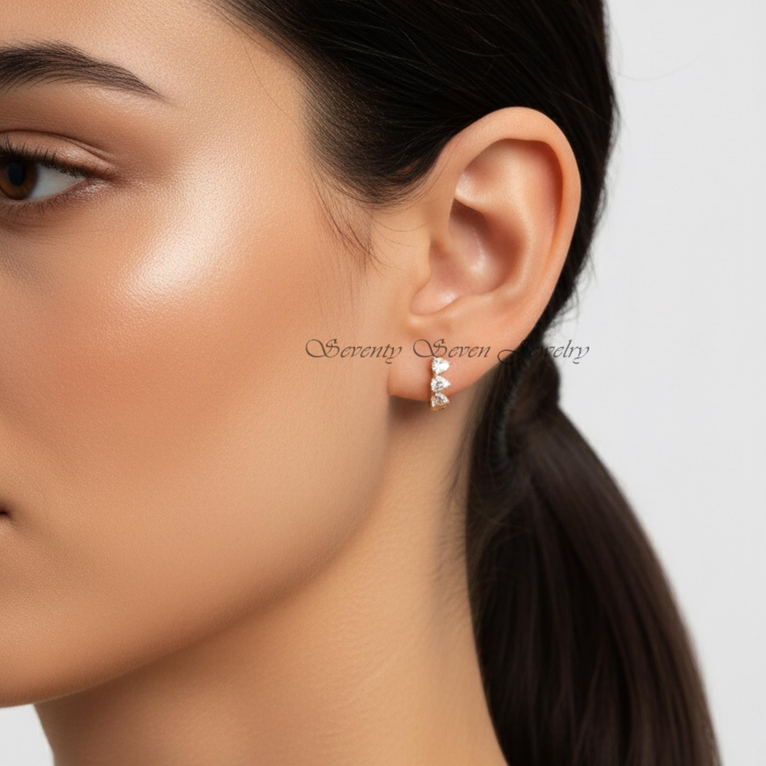 14K Gold Hoop Huggies, Lab-Created SI GH Diamond, Geometric Studs - View 2 - Seventy Seven Jewelry | SKU: SSMJE903- 14K Gold Hoop Huggies, Lab-Created SI GH Diamond, Geometric Studs - View 2 - Seventy Seven Jewelry | SKU: SSMJE903-