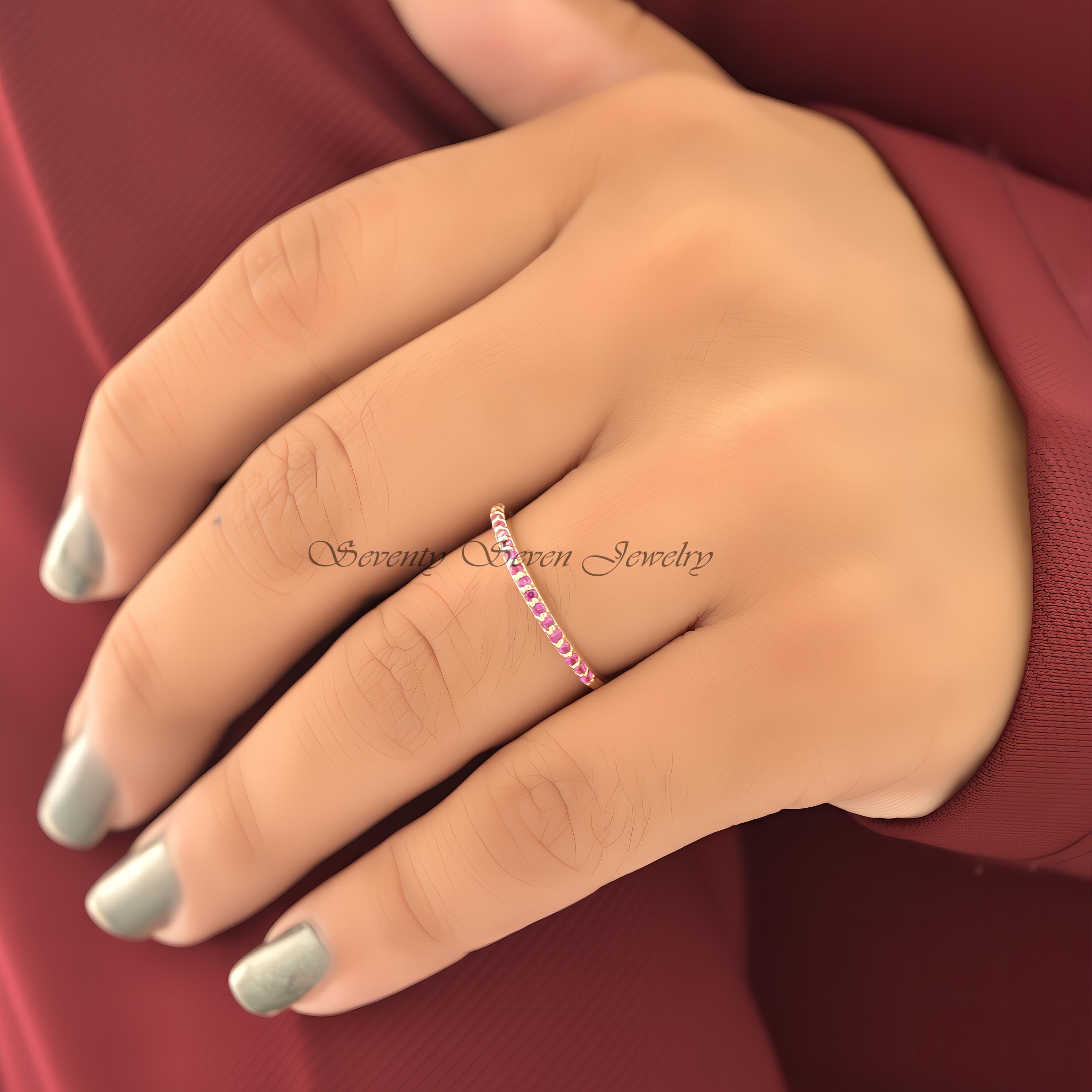 9k Gold Ruby Eternity Band: Minimalist Micro Pave Wedding Ring - View 4 - Seventy Seven Jewelry | SKU: SSMJR51-9KYGRU-2026 9k Gold Ruby Eternity Band: Minimalist Micro Pave Wedding Ring - View 4 - Seventy Seven Jewelry | SKU: SSMJR51-9KYGRU-2026