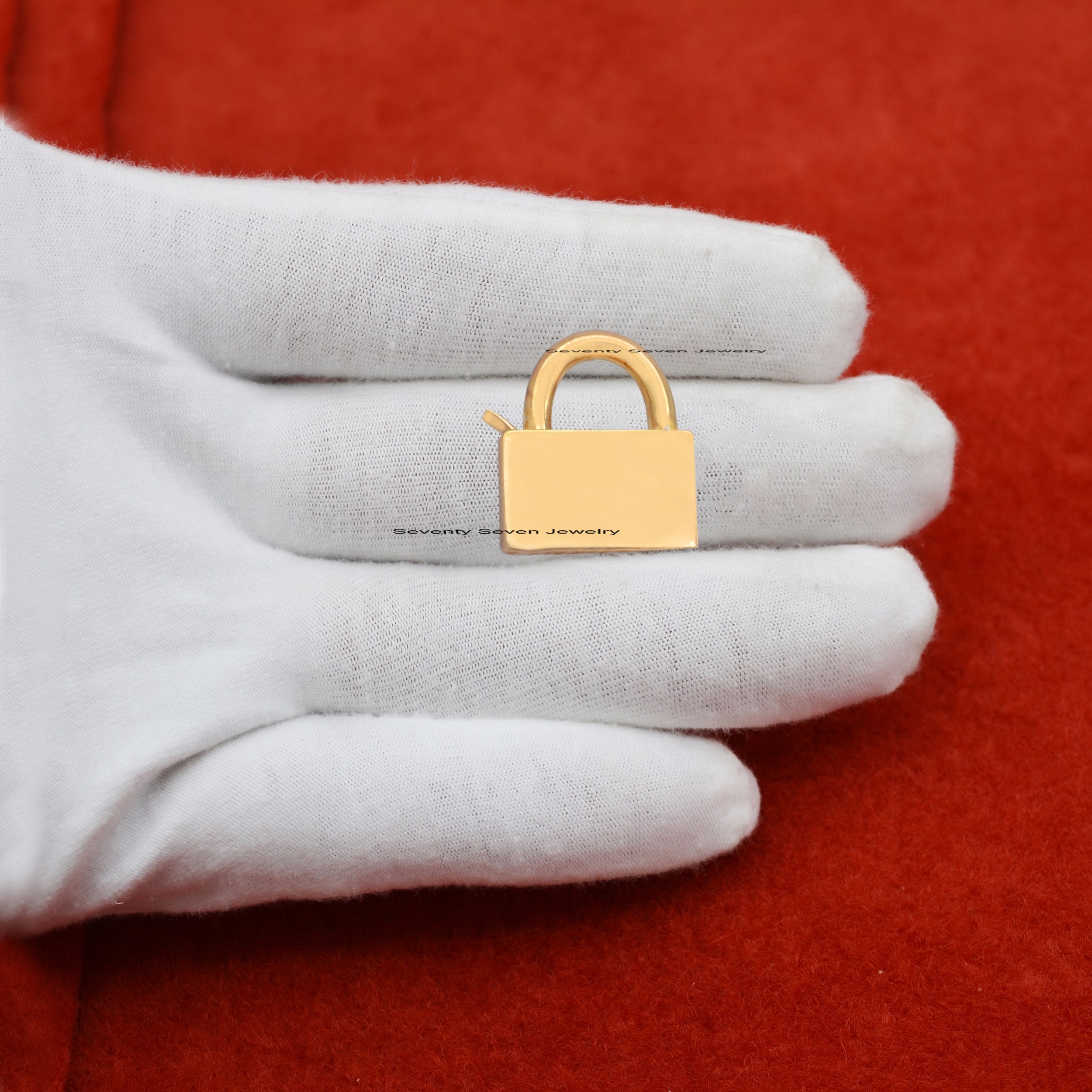 14K Gold Plated Padlock Pendant: Sterling Silver Connector (20x18 MM) - View 5 - Seventy Seven Jewelry | SKU: SSMJP31-1SLYG-2 14K Gold Plated Padlock Pendant: Sterling Silver Connector (20x18 MM) - View 5 - Seventy Seven Jewelry | SKU: SSMJP31-1SLYG-2
