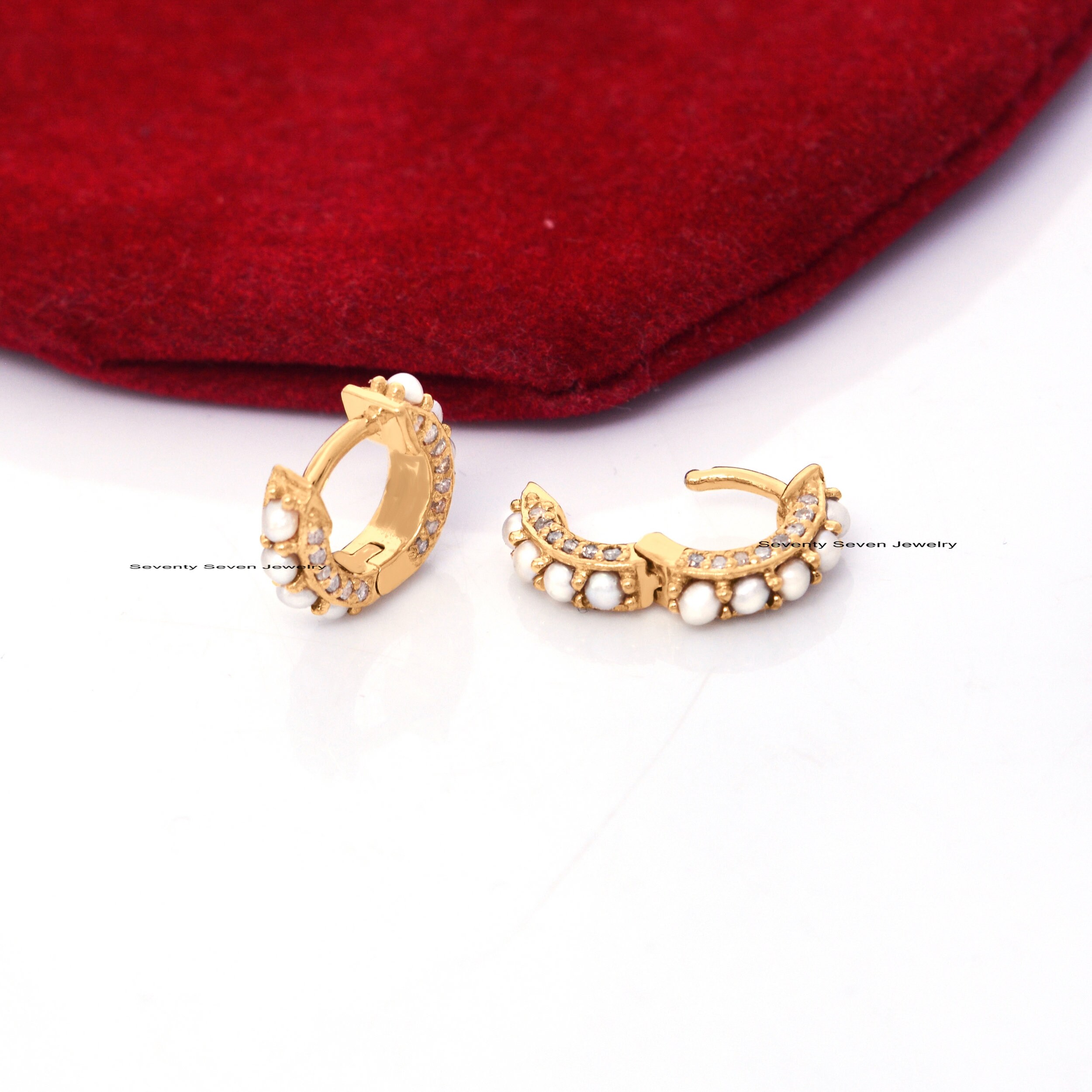 14K Gold Diamond Huggies: Pearl Hoop Earrings - View 4 - Seventy Seven Jewelry | SKU: SSMJE333-14KYGDIPL-2026 14K Gold Diamond Huggies: Pearl Hoop Earrings - View 4 - Seventy Seven Jewelry | SKU: SSMJE333-14KYGDIPL-2026