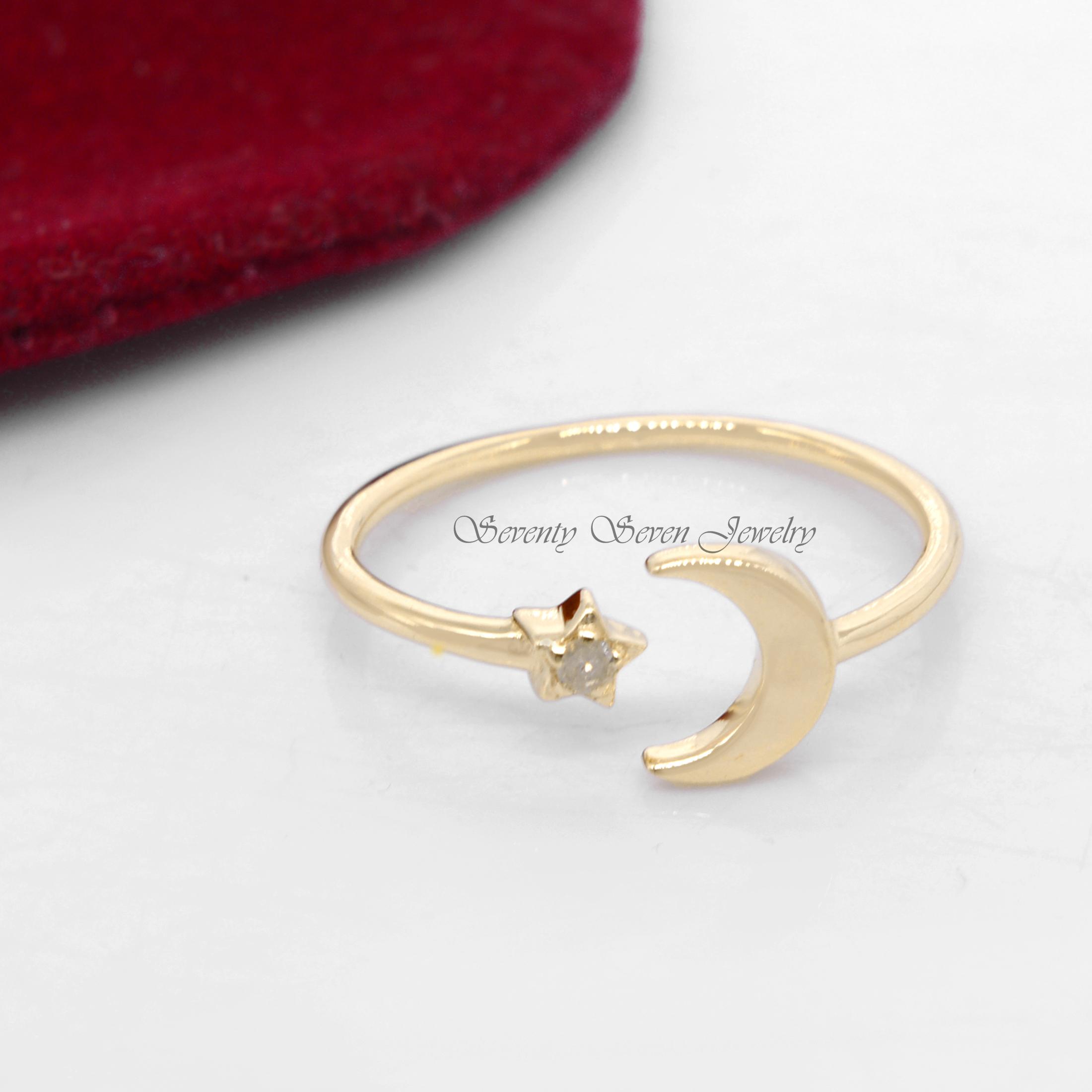 14k Gold Diamond Moon and Star Ring: Adjustable Celestial Jewelry - View 6 - Seventy Seven Jewelry | SKU: SSMJR628-14KYGDI-20 14k Gold Diamond Moon and Star Ring: Adjustable Celestial Jewelry - View 6 - Seventy Seven Jewelry | SKU: SSMJR628-14KYGDI-20