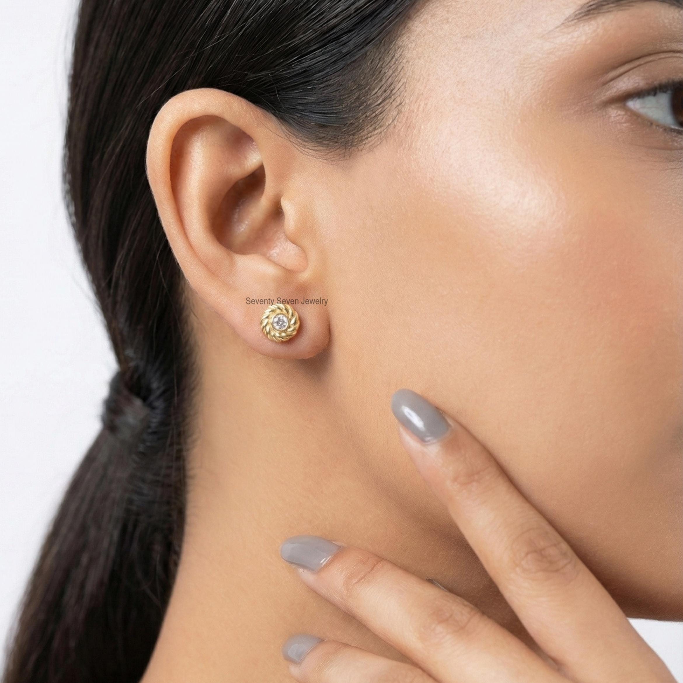 Solid 14K Gold twisted Stud Earrings, Petite Dainty Jewelry, Lab-Created Diamond - View 3 - Seventy Seven Jewelry | SKU: SSMJ Solid 14K Gold twisted Stud Earrings, Petite Dainty Jewelry, Lab-Created Diamond - View 3 - Seventy Seven Jewelry | SKU: SSMJ