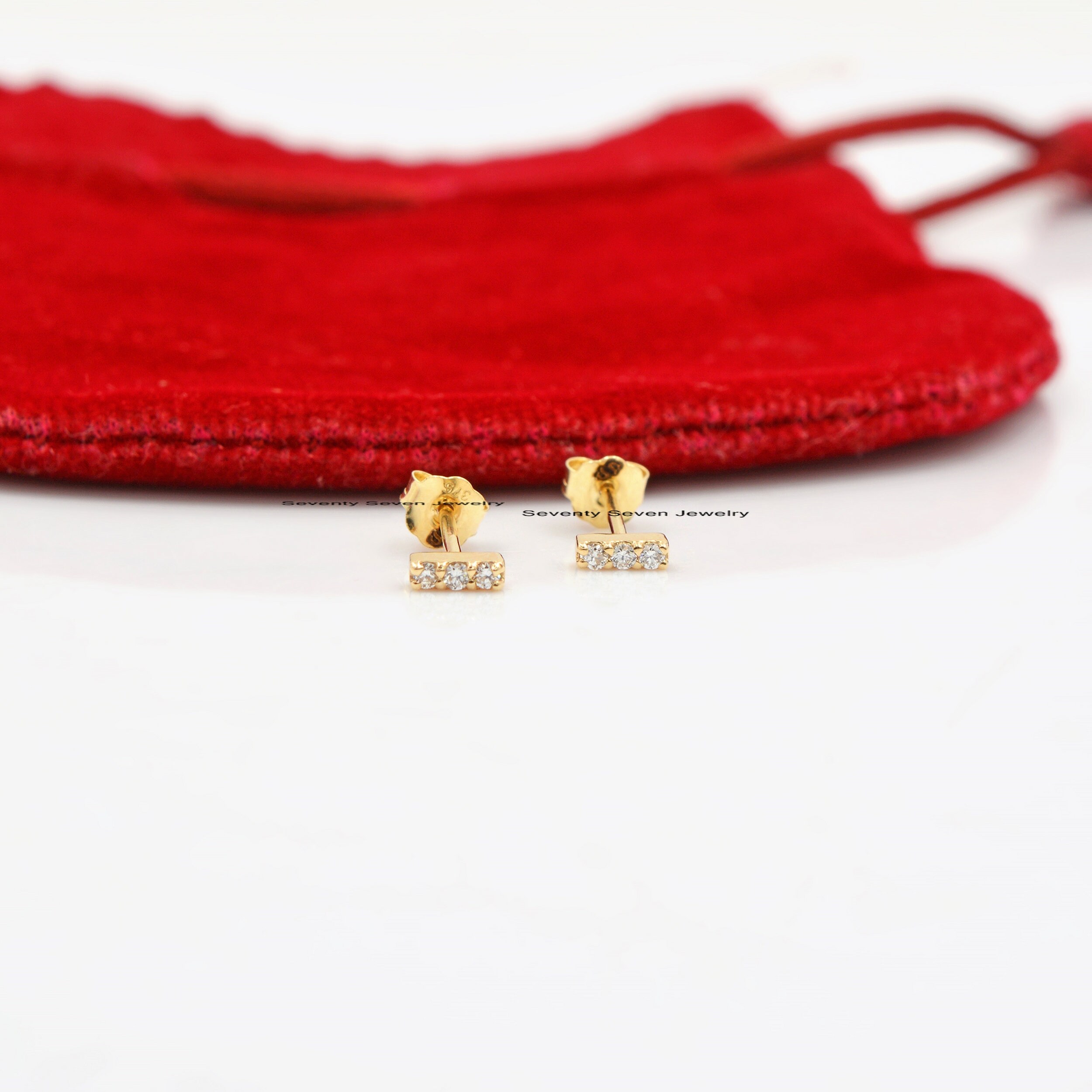 9K Gold Turquoise Bar Stud Earrings: Minimalist Dainty Studs - View 2 - Seventy Seven Jewelry | SKU: SSMJE842-9KYGDI-2026 9K Gold Turquoise Bar Stud Earrings: Minimalist Dainty Studs - View 2 - Seventy Seven Jewelry | SKU: SSMJE842-9KYGDI-2026