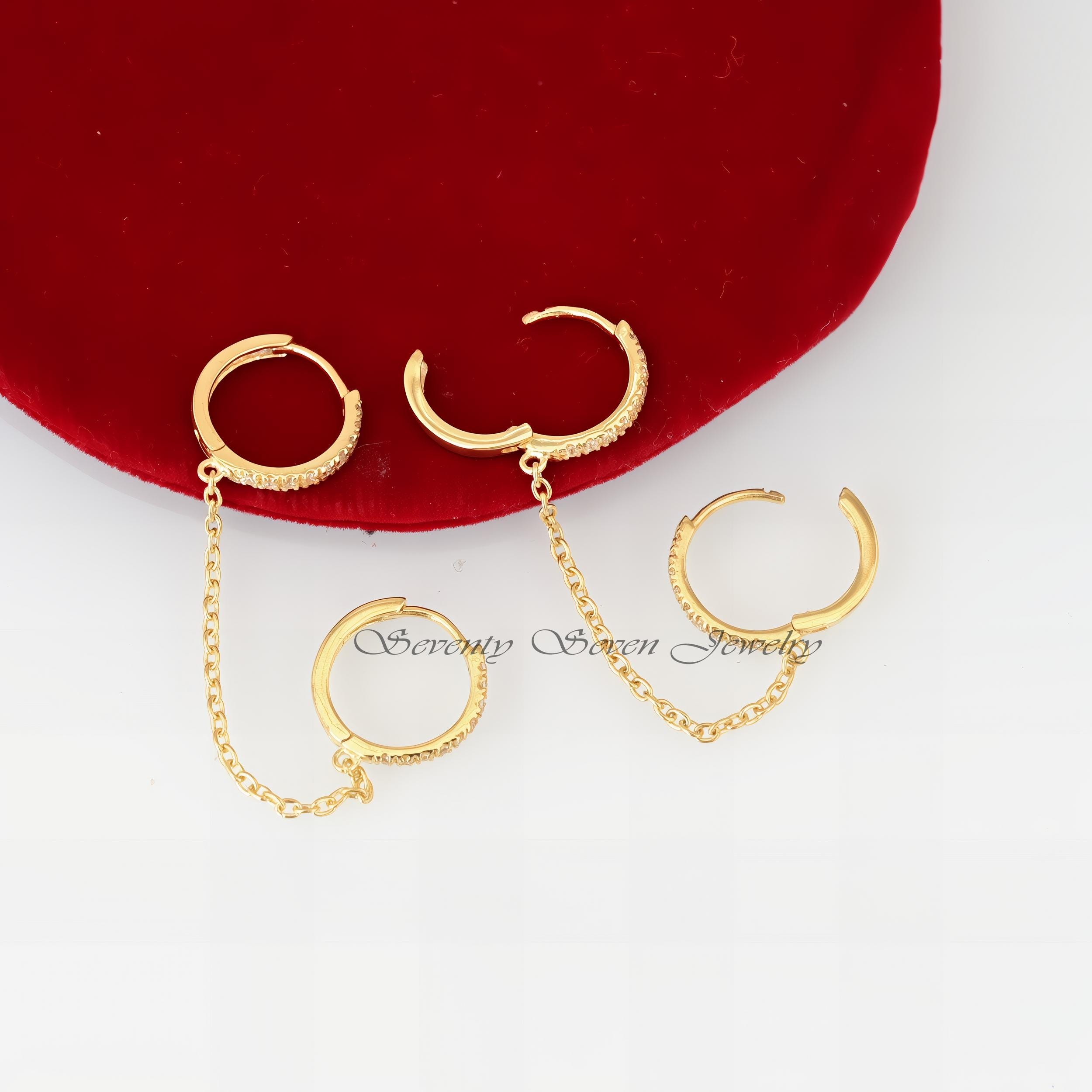 14K Gold Moissanite Chain Hoop Huggies: Dangle Earrings - View 6 - Seventy Seven Jewelry | SKU: SSMJE1709-SLYGCZ-11M-2026 14K Gold Moissanite Chain Hoop Huggies: Dangle Earrings - View 6 - Seventy Seven Jewelry | SKU: SSMJE1709-SLYGCZ-11M-2026