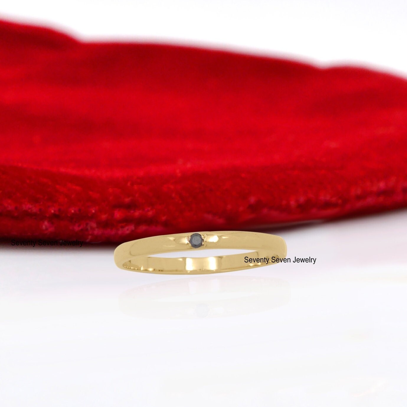 14K Gold Black Diamond Band: Dainty Stackable Ring - View 7 - Seventy Seven Jewelry | SKU: SSMJR395-14KYGBDI-2026 14K Gold Black Diamond Band: Dainty Stackable Ring - View 7 - Seventy Seven Jewelry | SKU: SSMJR395-14KYGBDI-2026