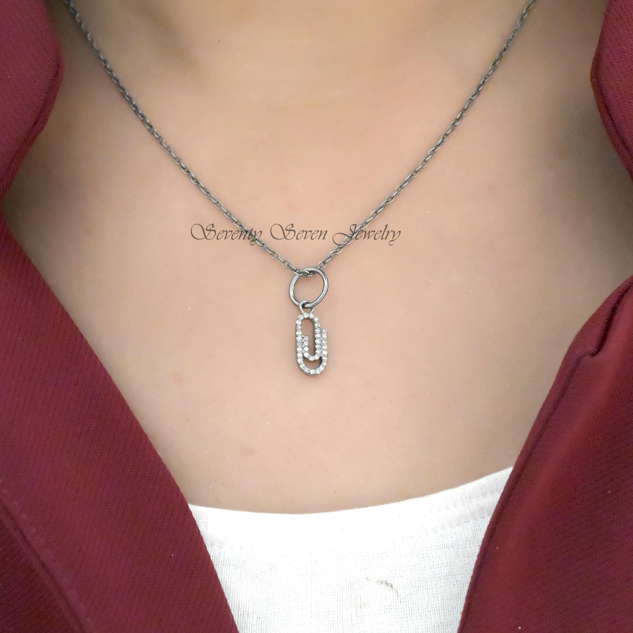 925 Silver Diamond Paper Clip Pendant: Designer Charm Enhancer - View 2 - Seventy Seven Jewelry | SKU: SSMJP682-SLYGDI,SSMJP6 925 Silver Diamond Paper Clip Pendant: Designer Charm Enhancer - View 2 - Seventy Seven Jewelry | SKU: SSMJP682-SLYGDI,SSMJP6