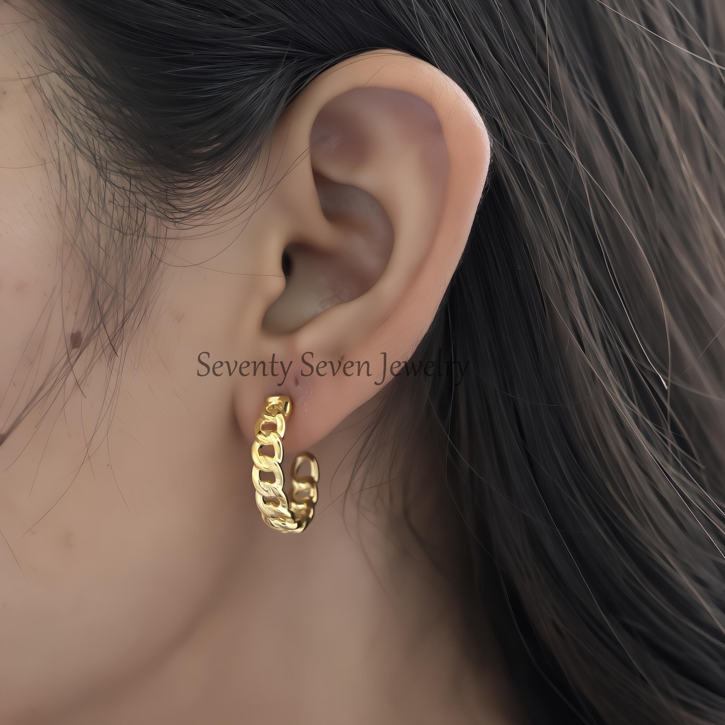 14K Gold Cuban Hoop Earrings: Curb Chain Studs - View 2 - Seventy Seven Jewelry | SKU: SSMJE1849-SLYG-20M 14K Gold Cuban Hoop Earrings: Curb Chain Studs - View 2 - Seventy Seven Jewelry | SKU: SSMJE1849-SLYG-20M