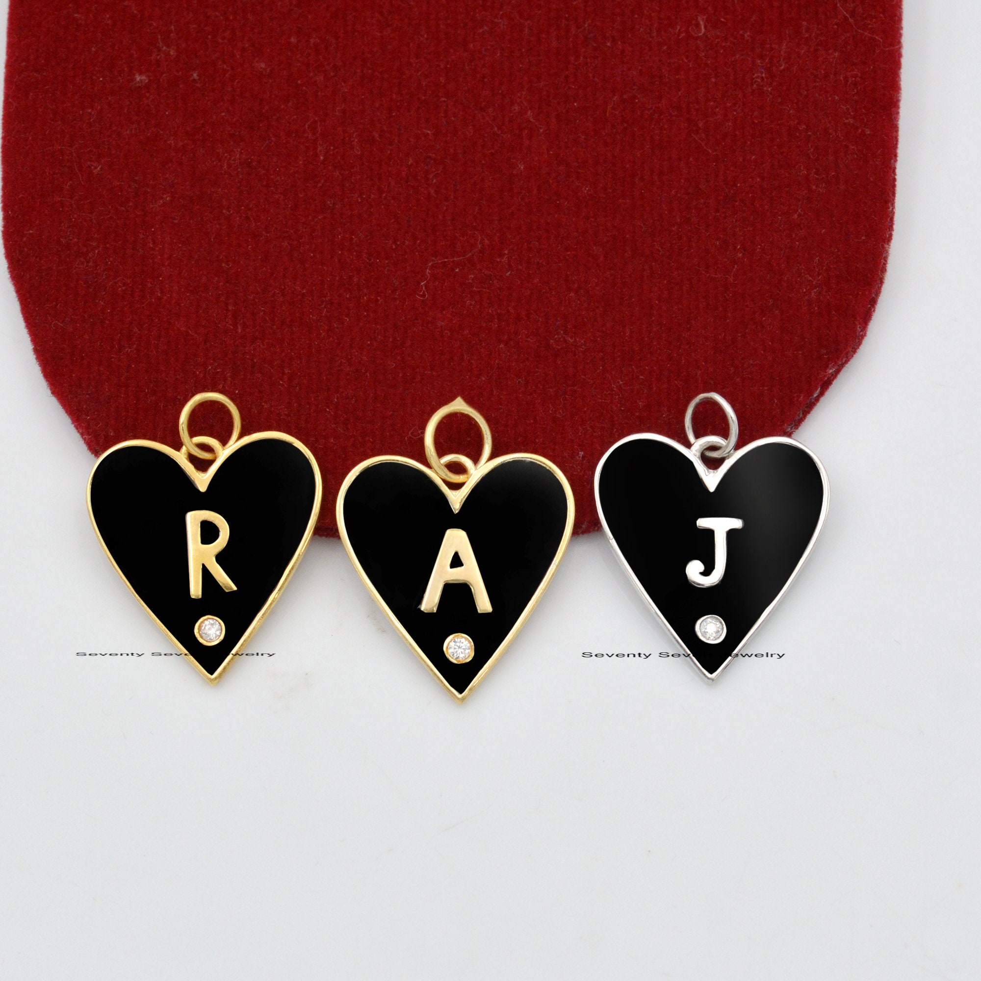 14k Gold Enamel Heart Pendant: Diamond Alphabet Charm - View 2 - Seventy Seven Jewelry | SKU: SSMJP500-14KYGBKELDI-2026 14k Gold Enamel Heart Pendant: Diamond Alphabet Charm - View 2 - Seventy Seven Jewelry | SKU: SSMJP500-14KYGBKELDI-2026