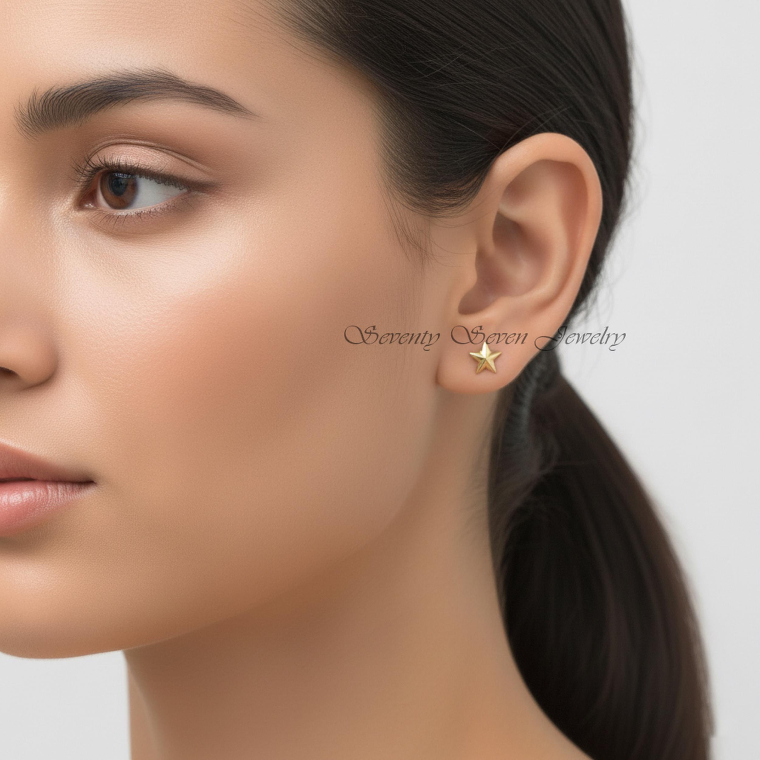 14K Gold Star Stud Earrings, Minimalist Starburst Jewelry, Everyday Dainty Studs - View 4 - Seventy Seven Jewelry | SKU: SSMJ 14K Gold Star Stud Earrings, Minimalist Starburst Jewelry, Everyday Dainty Studs - View 4 - Seventy Seven Jewelry | SKU: SSMJ