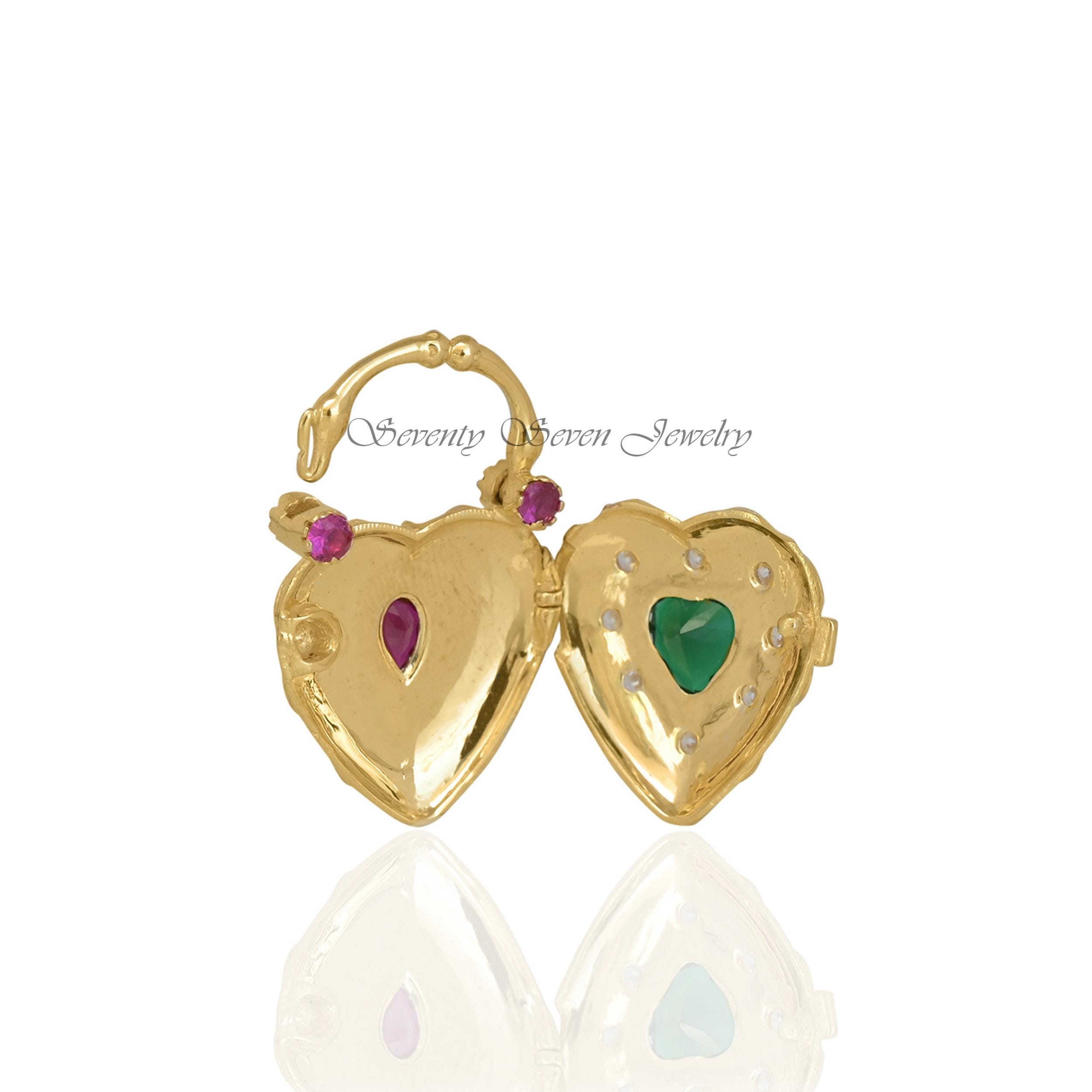 925 Silver Gemstone Heart Padlock: Gold Vermeil Openable Designer - View 5 - Seventy Seven Jewelry | SKU: SSMJP85-SLYGWTPOGO-