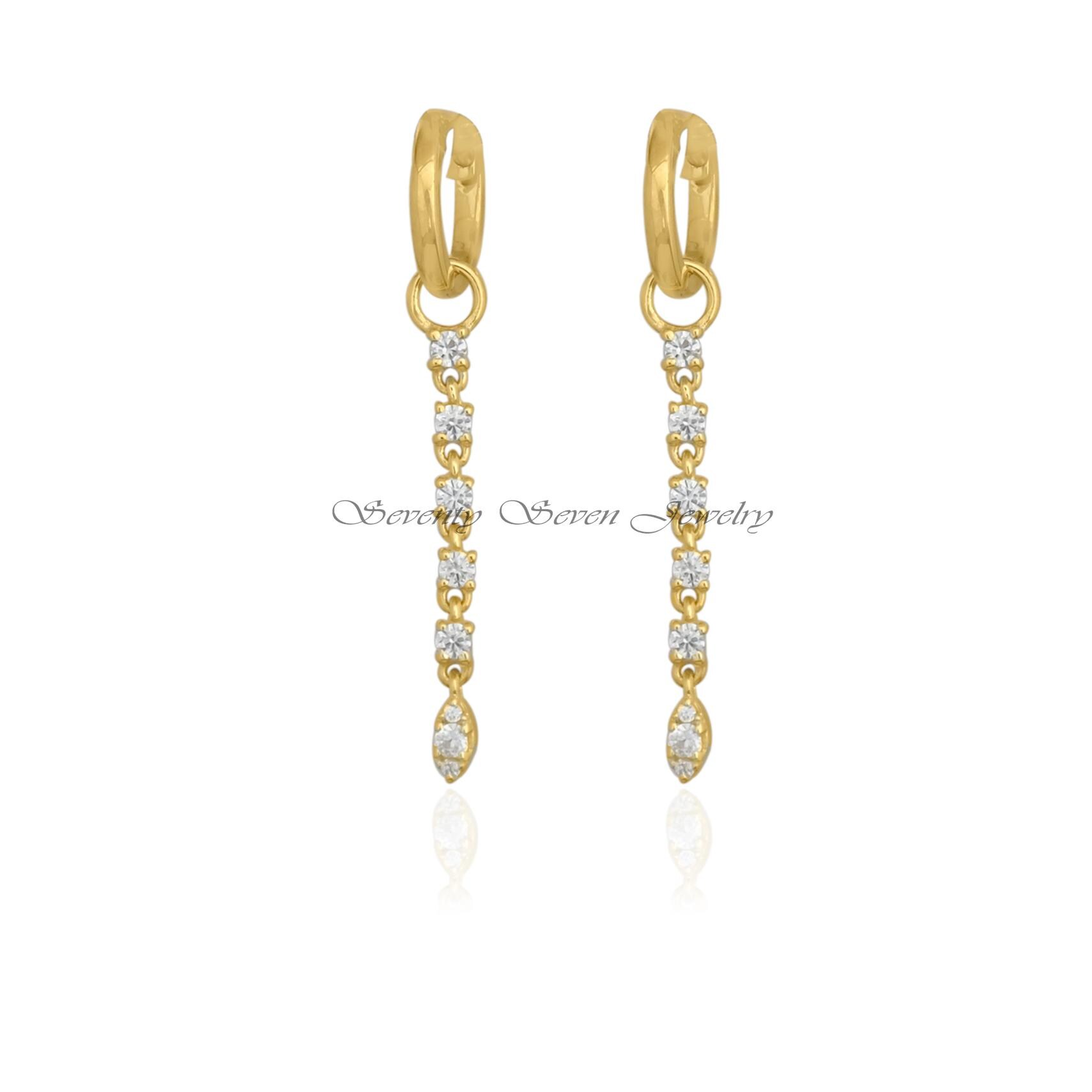 14K Gold Gemstone Drop Dangle Earrings, Thin Huggie Hoop Dangles Moissanite, Jewelry Gift Option - View 5 - Seventy Seven Jew 14K Gold Gemstone Drop Dangle Earrings, Thin Huggie Hoop Dangles Moissanite, Jewelry Gift Option - View 5 - Seventy Seven Jew