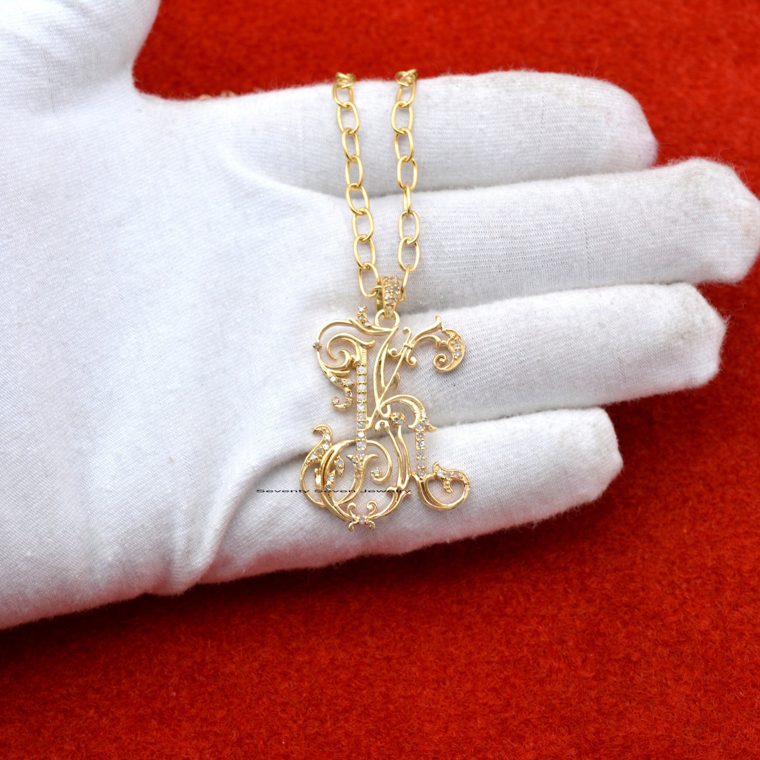 Gold Plated Sterling Silver Diamond Monogram Pendant - Custom 2 Letter Initial - View 6 - Seventy Seven Jewelry | SKU: SSMJP4 Gold Plated Sterling Silver Diamond Monogram Pendant - Custom 2 Letter Initial - View 6 - Seventy Seven Jewelry | SKU: SSMJP4