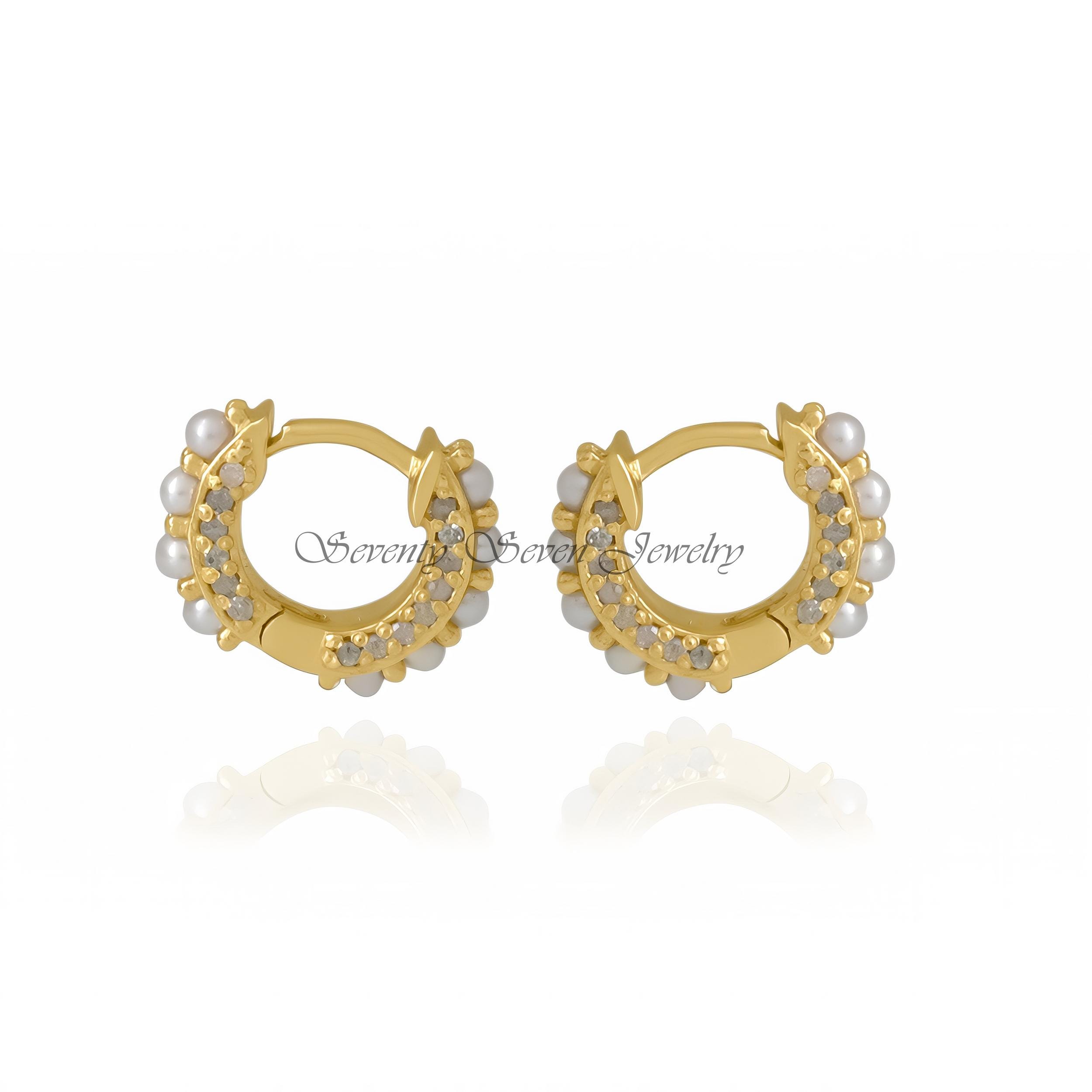 14K Gold Diamond Huggies: Pearl Hoop Earrings - View 5 - Seventy Seven Jewelry | SKU: SSMJE333-14KYGDIPL-2026 14K Gold Diamond Huggies: Pearl Hoop Earrings - View 5 - Seventy Seven Jewelry | SKU: SSMJE333-14KYGDIPL-2026