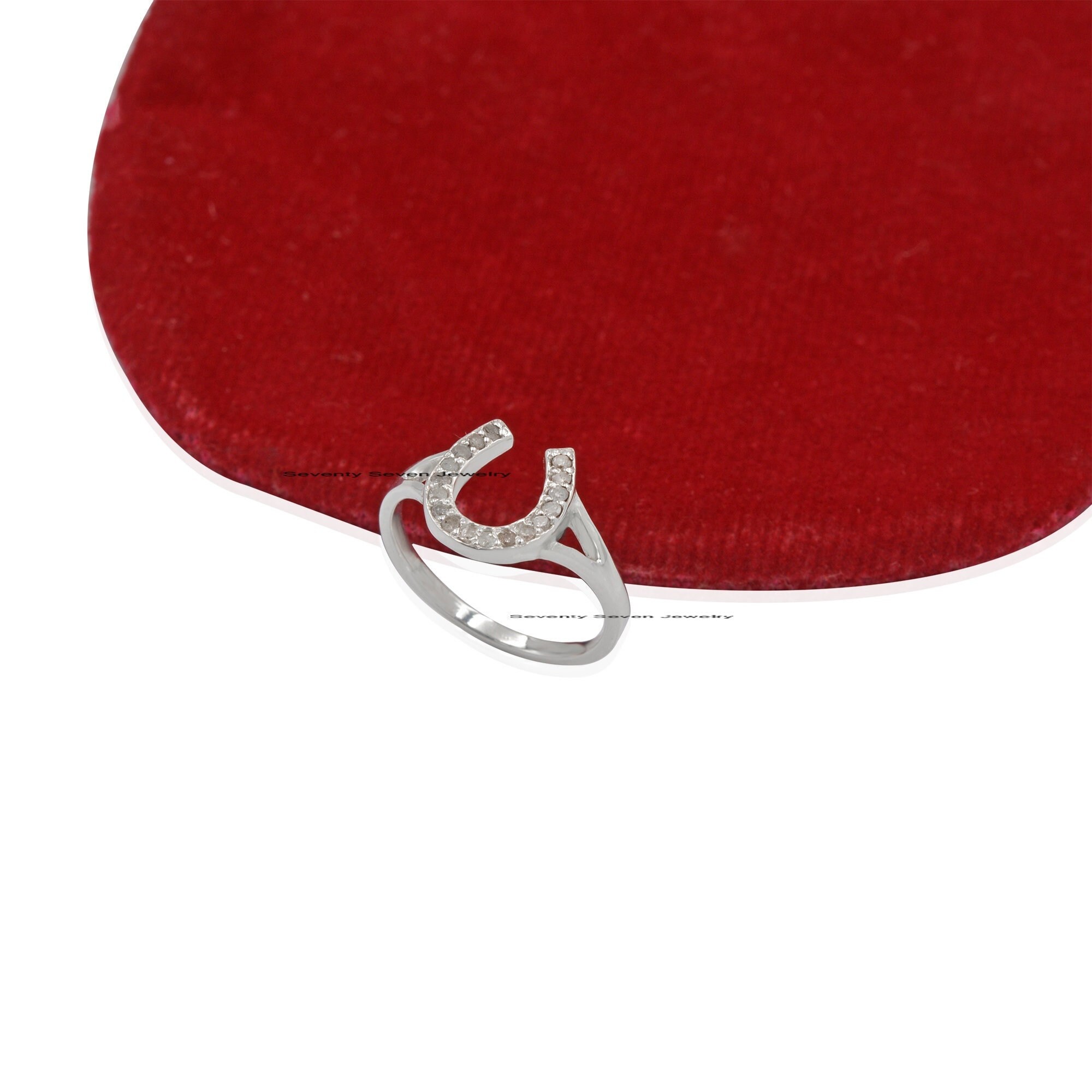 Sterling Silver Moissanite Horseshoe Ring: Lucky Vintage Style - View 5 - Seventy Seven Jewelry | SKU: SSMJR406-SLYGDI-2026 Sterling Silver Moissanite Horseshoe Ring: Lucky Vintage Style - View 5 - Seventy Seven Jewelry | SKU: SSMJR406-SLYGDI-2026