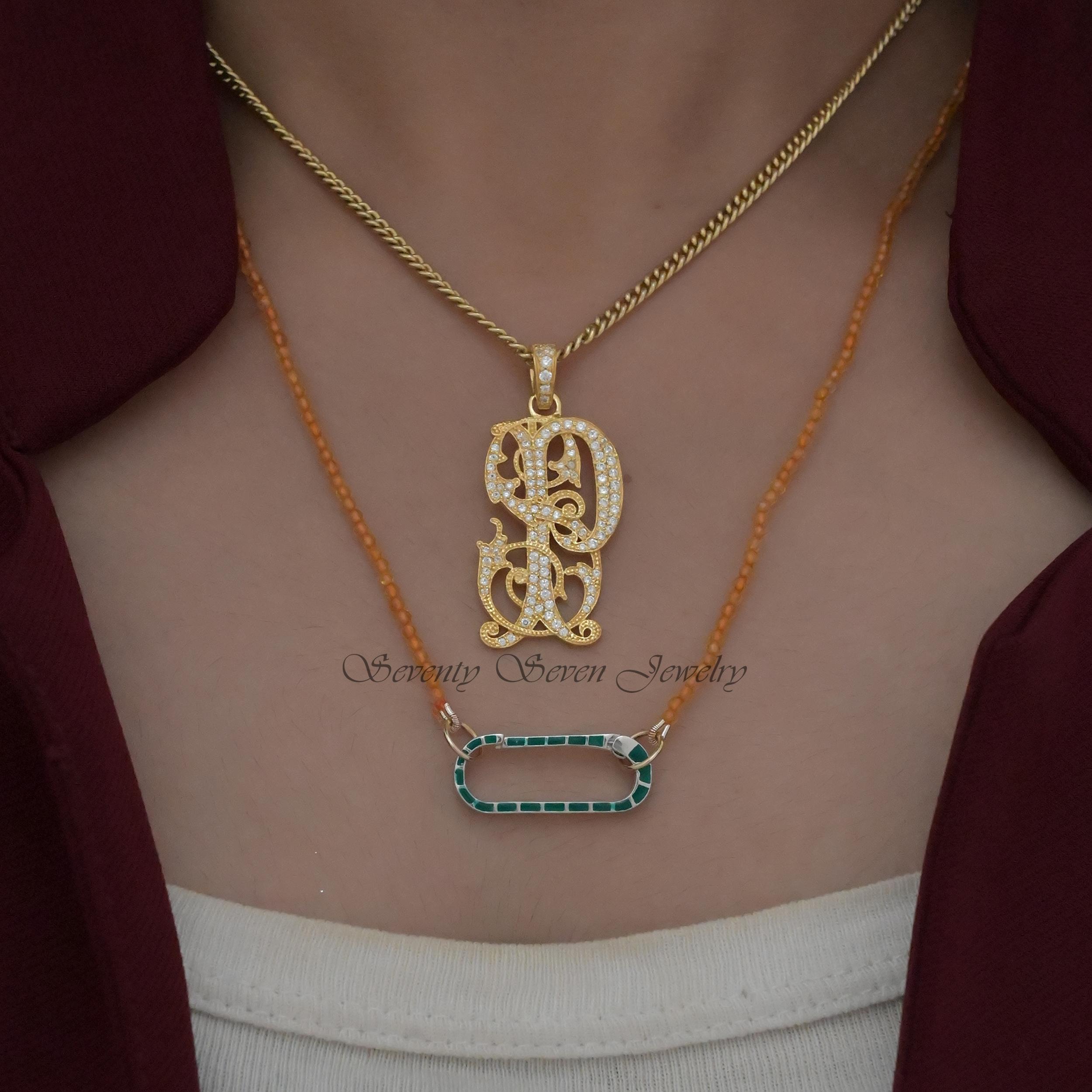 14k Gold Bead Necklace: Enhancer Carabiner Chain - View 2 - Seventy Seven Jewelry | SKU: SSMJN219-14KYGLPZ-10/2025 14k Gold Bead Necklace: Enhancer Carabiner Chain - View 2 - Seventy Seven Jewelry | SKU: SSMJN219-14KYGLPZ-10/2025
