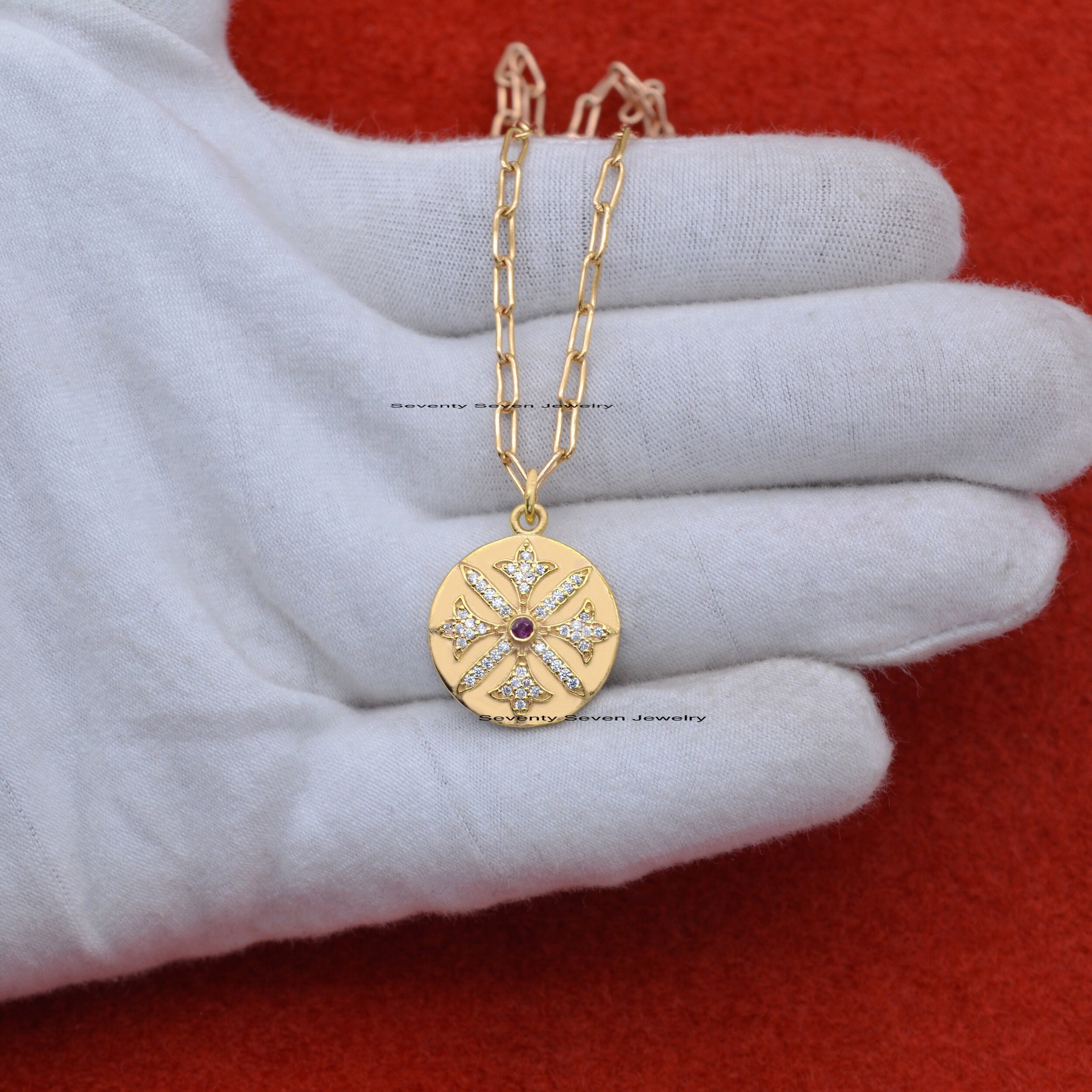925 Silver Round Disc Pendant: CZ Pave Star Charm - View 6 - Seventy Seven Jewelry | SKU: SSMJP429-SLYGCZP-2026