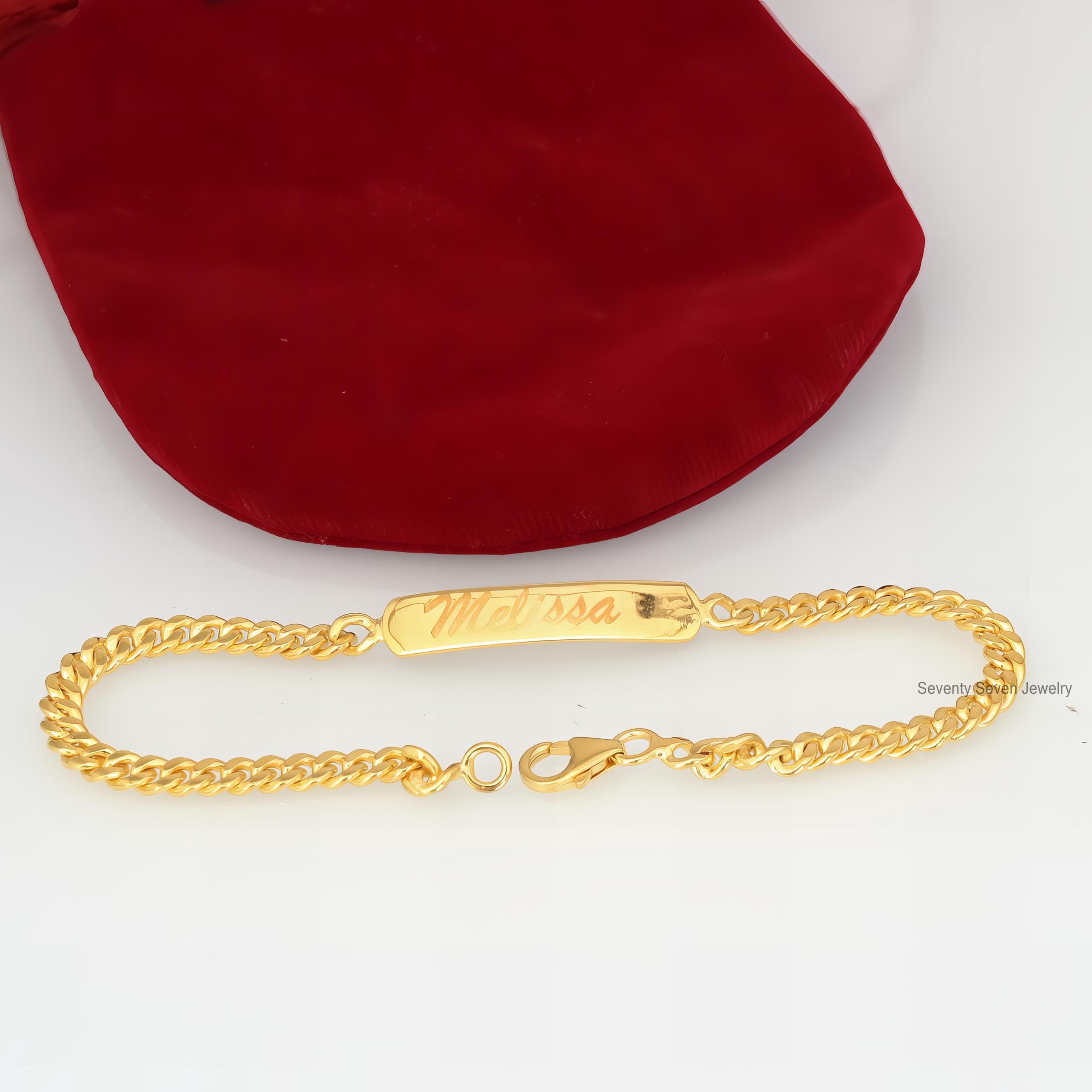 14K Gold Plated Name Bar Bracelet: Custom Engraved Curb Chain - View 4 - Seventy Seven Jewelry | SKU: SSMJA721-SLYG-8I 14K Gold Plated Name Bar Bracelet: Custom Engraved Curb Chain - View 4 - Seventy Seven Jewelry | SKU: SSMJA721-SLYG-8I
