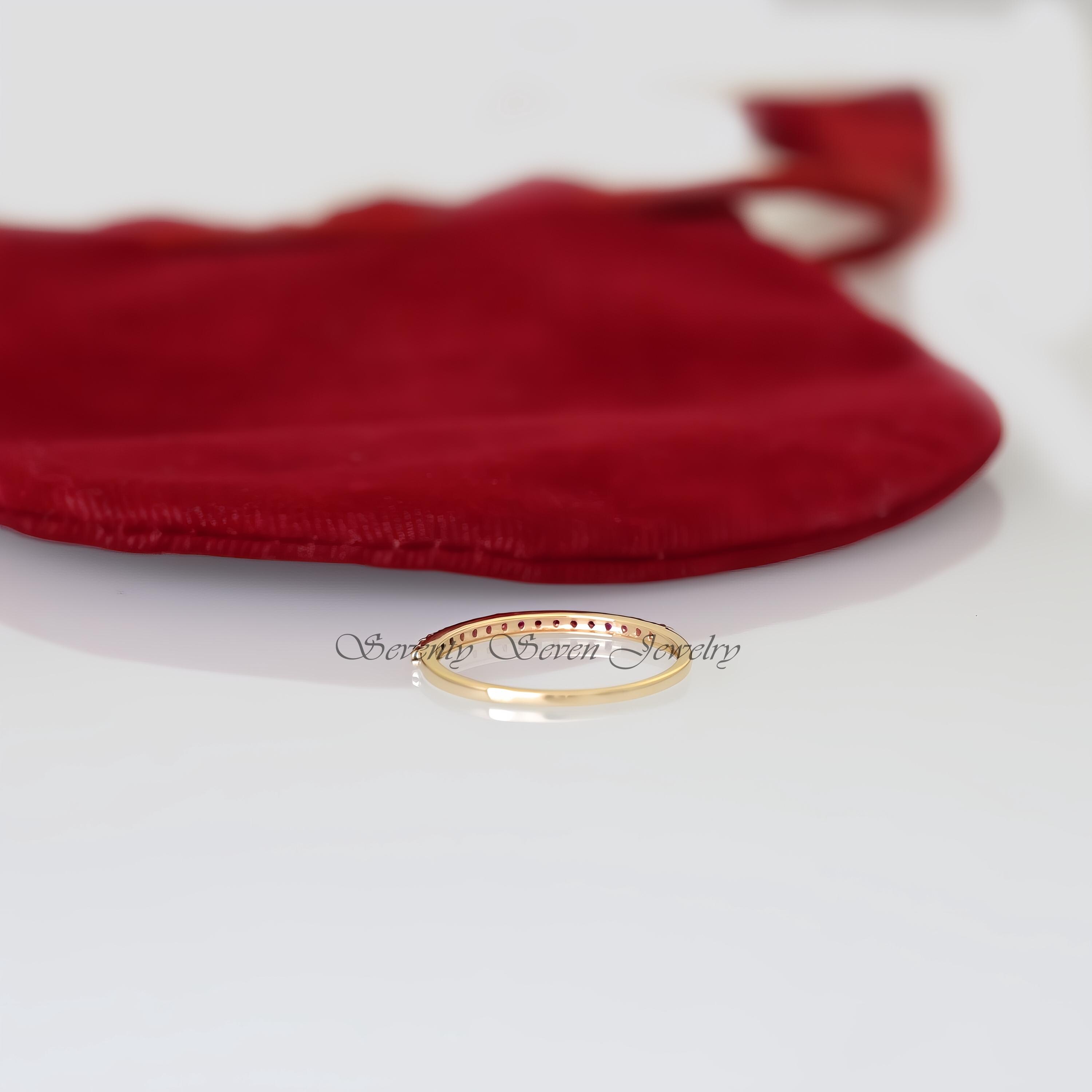 14K Gold Ruby Half Eternity Ring: Dainty Stacking Band - View 7 - Seventy Seven Jewelry | SKU: SSMJR51-14KRGRU-2026 14K Gold Ruby Half Eternity Ring: Dainty Stacking Band - View 7 - Seventy Seven Jewelry | SKU: SSMJR51-14KRGRU-2026