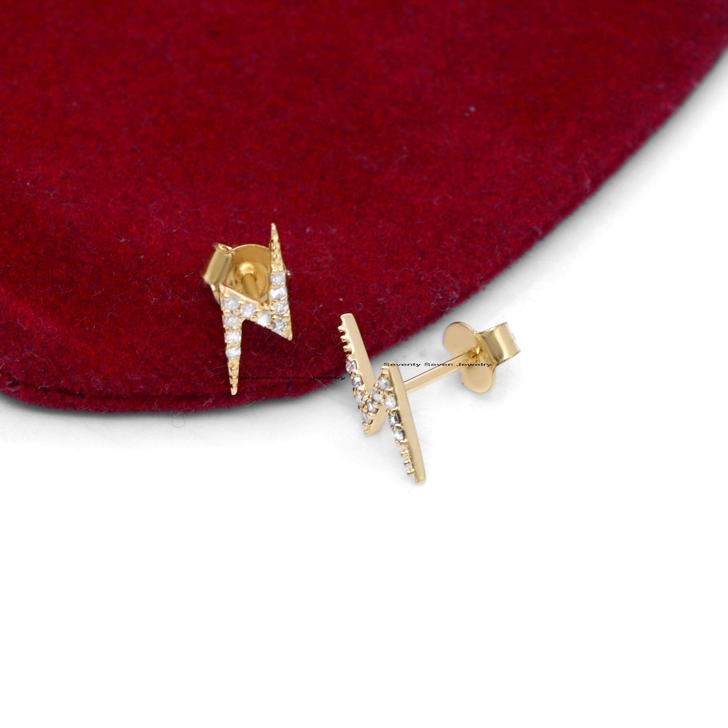 Diamond Thunder Bolt Studs: Sterling Silver Zig-Zag Earrings - View 2 - Seventy Seven Jewelry | SKU: SSMJE379-SLYGDI-2026 Diamond Thunder Bolt Studs: Sterling Silver Zig-Zag Earrings - View 2 - Seventy Seven Jewelry | SKU: SSMJE379-SLYGDI-2026