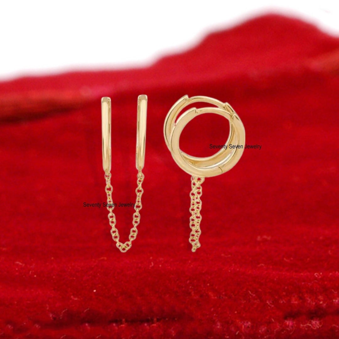 14K Gold Small Hoop Chain Huggies Connected Hoop Earrings Etsy