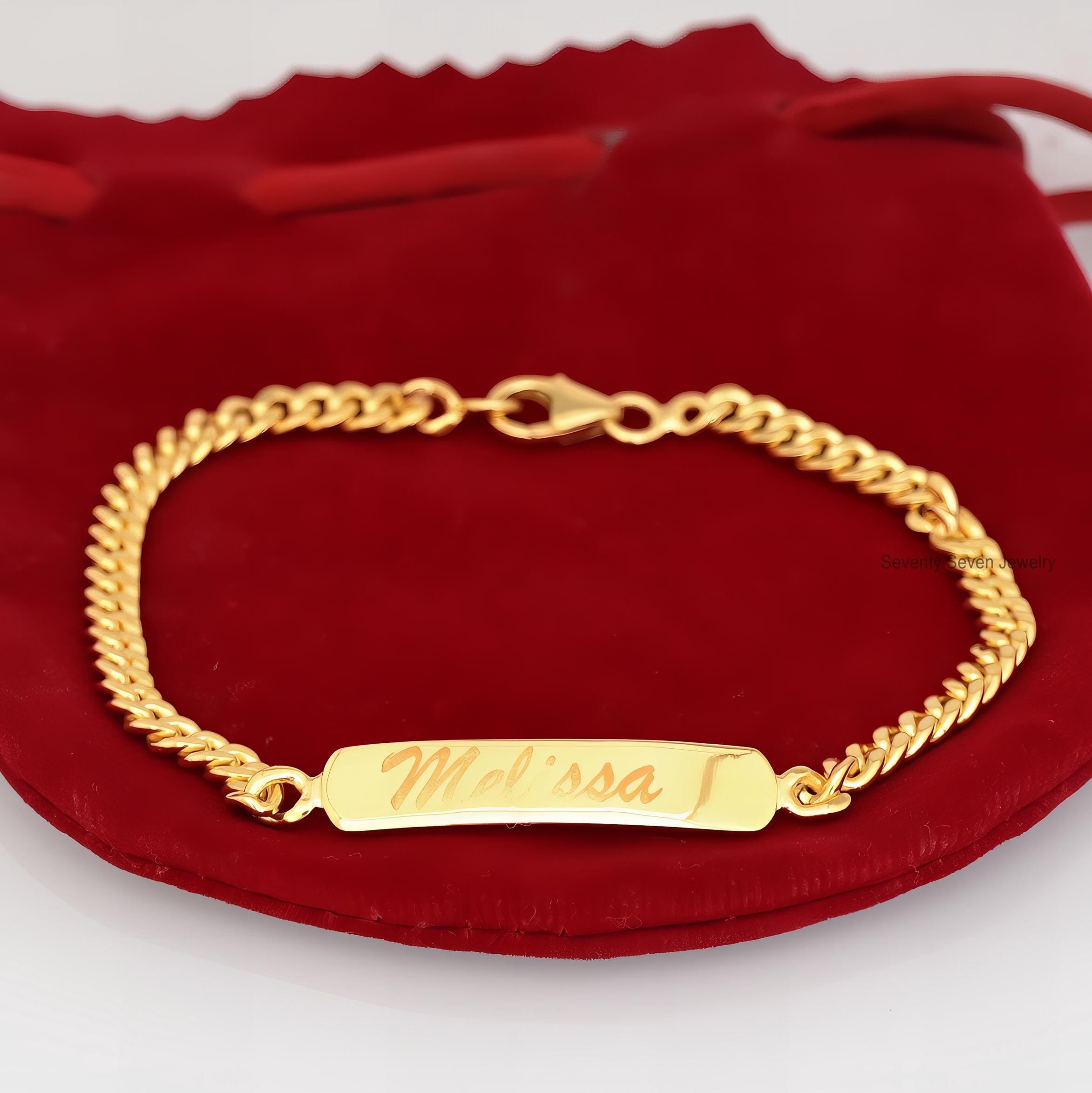 14K Gold Plated Name Bar Bracelet: Custom Engraved Curb Chain - View 3 - Seventy Seven Jewelry | SKU: SSMJA721-SLYG-8I 14K Gold Plated Name Bar Bracelet: Custom Engraved Curb Chain - View 3 - Seventy Seven Jewelry | SKU: SSMJA721-SLYG-8I