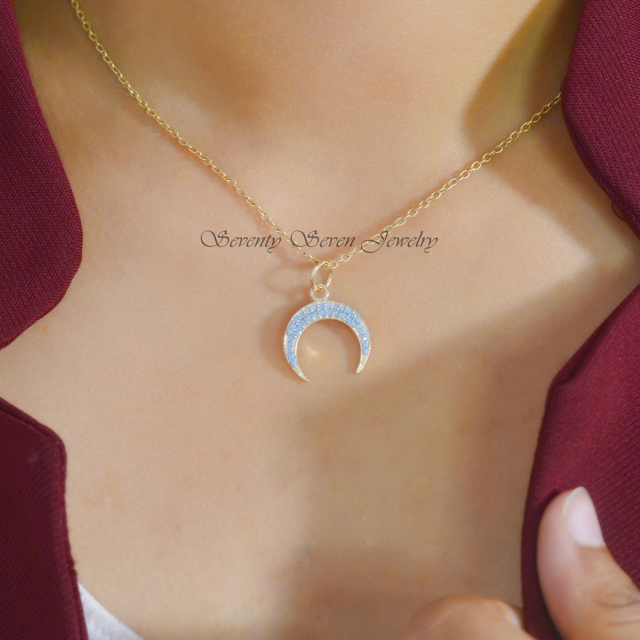 Diamond Crescent 9k Gold Half Moon Pendant, Dainty Cresent Charm with Blue Gemstones - View 3 - Seventy Seven Jewelry | SKU: Diamond Crescent 9k Gold Half Moon Pendant, Dainty Cresent Charm with Blue Gemstones - View 3 - Seventy Seven Jewelry | SKU: