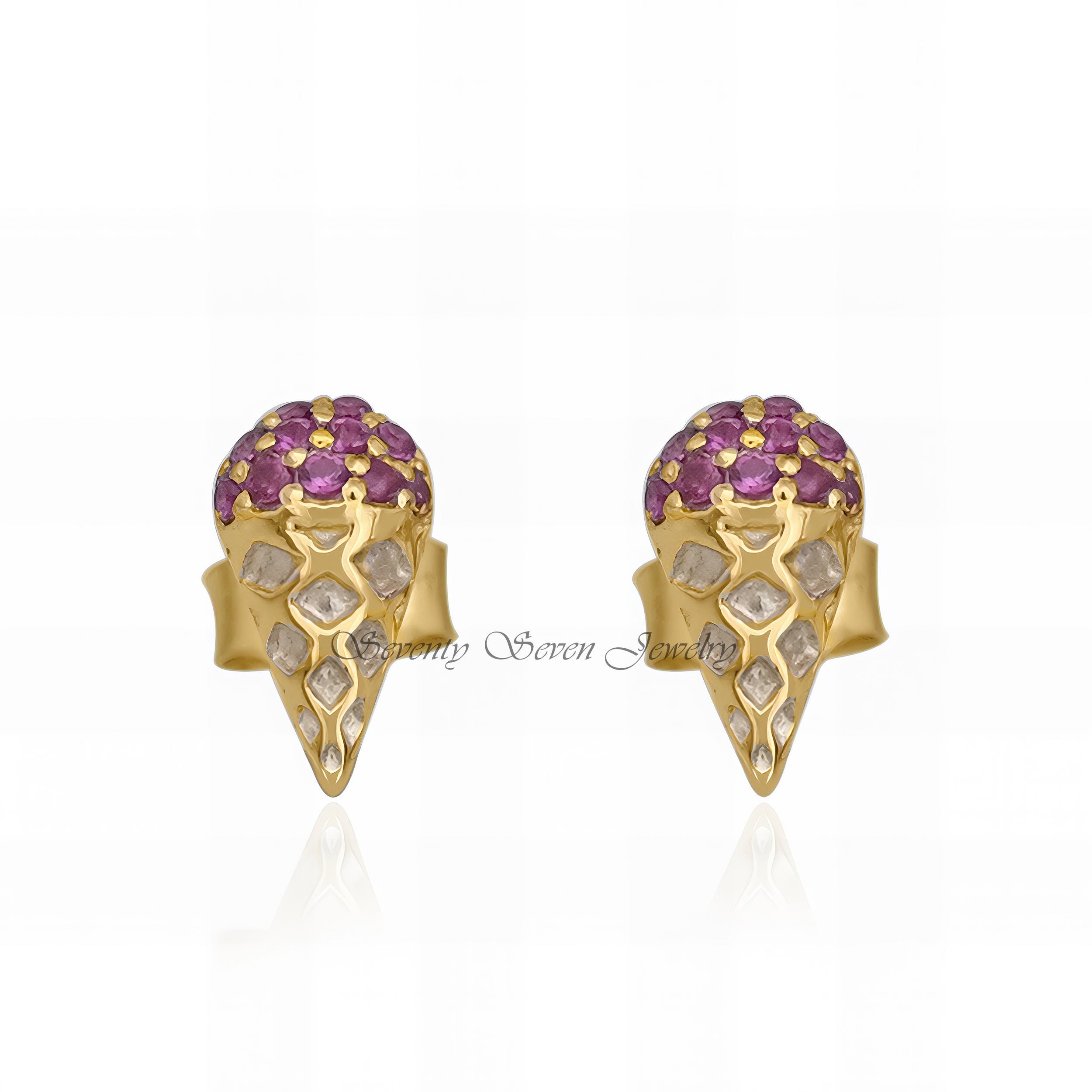 14k Gold Ruby Ice Cream Cone Stud Earrings: Minimalist Gemstone Jewelry - View 5 - Seventy Seven Jewelry | SKU: SSMJE896-14KY 14k Gold Ruby Ice Cream Cone Stud Earrings: Minimalist Gemstone Jewelry - View 5 - Seventy Seven Jewelry | SKU: SSMJE896-14KY