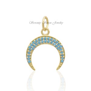 Diamond Crescent 9k Gold Half Moon Pendant, Dainty Cresent Charm with Blue Gemstones