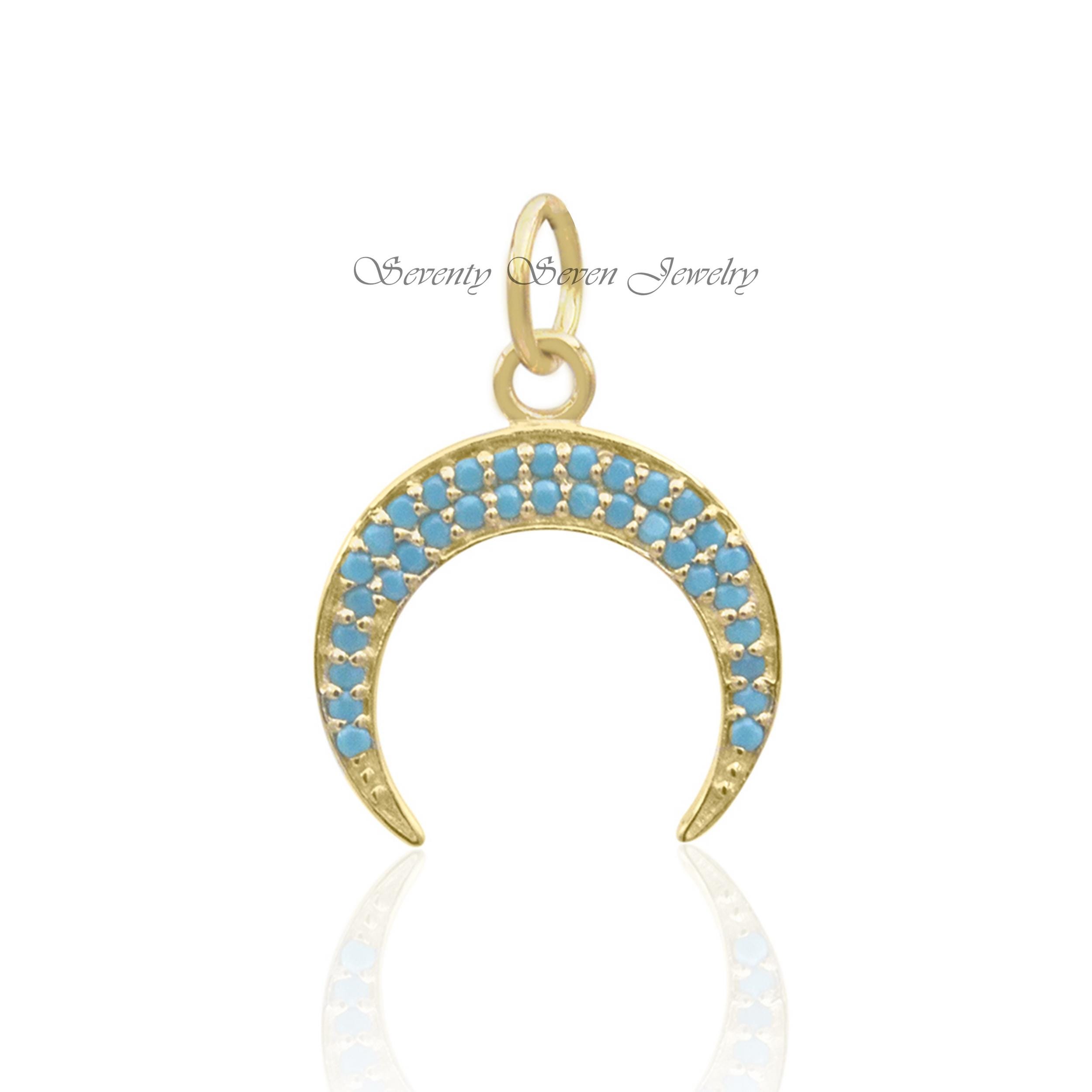 Diamond Crescent 9k Gold Half Moon Pendant, Dainty Cresent Charm with Blue Gemstones - Seventy Seven Jewelry | SKU: SSMJP462- Diamond Crescent 9k Gold Half Moon Pendant, Dainty Cresent Charm with Blue Gemstones - Seventy Seven Jewelry | SKU: SSMJP462-