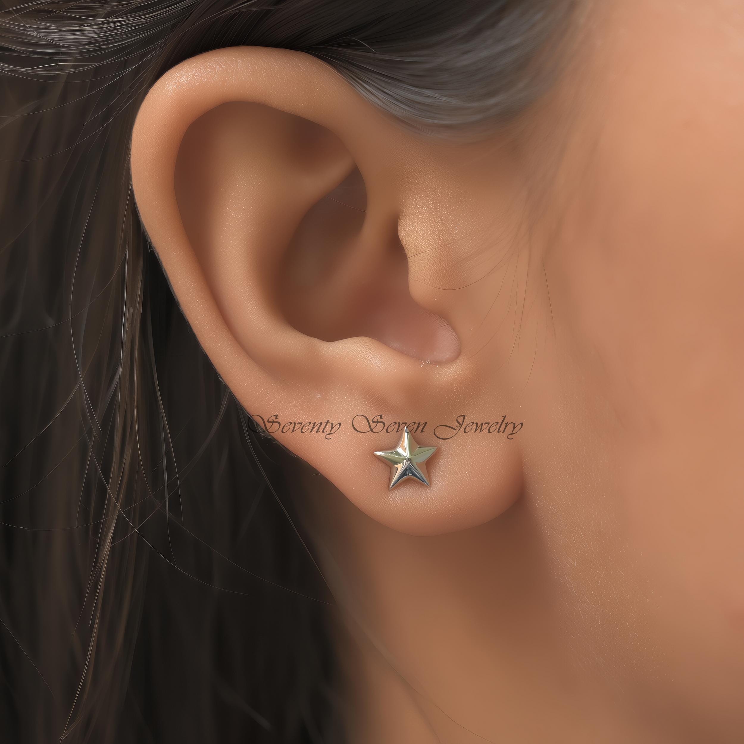 14K Gold Star Stud Earrings, Minimalist Starburst Jewelry, Everyday Dainty Studs - View 5 - Seventy Seven Jewelry | SKU: SSMJ 14K Gold Star Stud Earrings, Minimalist Starburst Jewelry, Everyday Dainty Studs - View 5 - Seventy Seven Jewelry | SKU: SSMJ