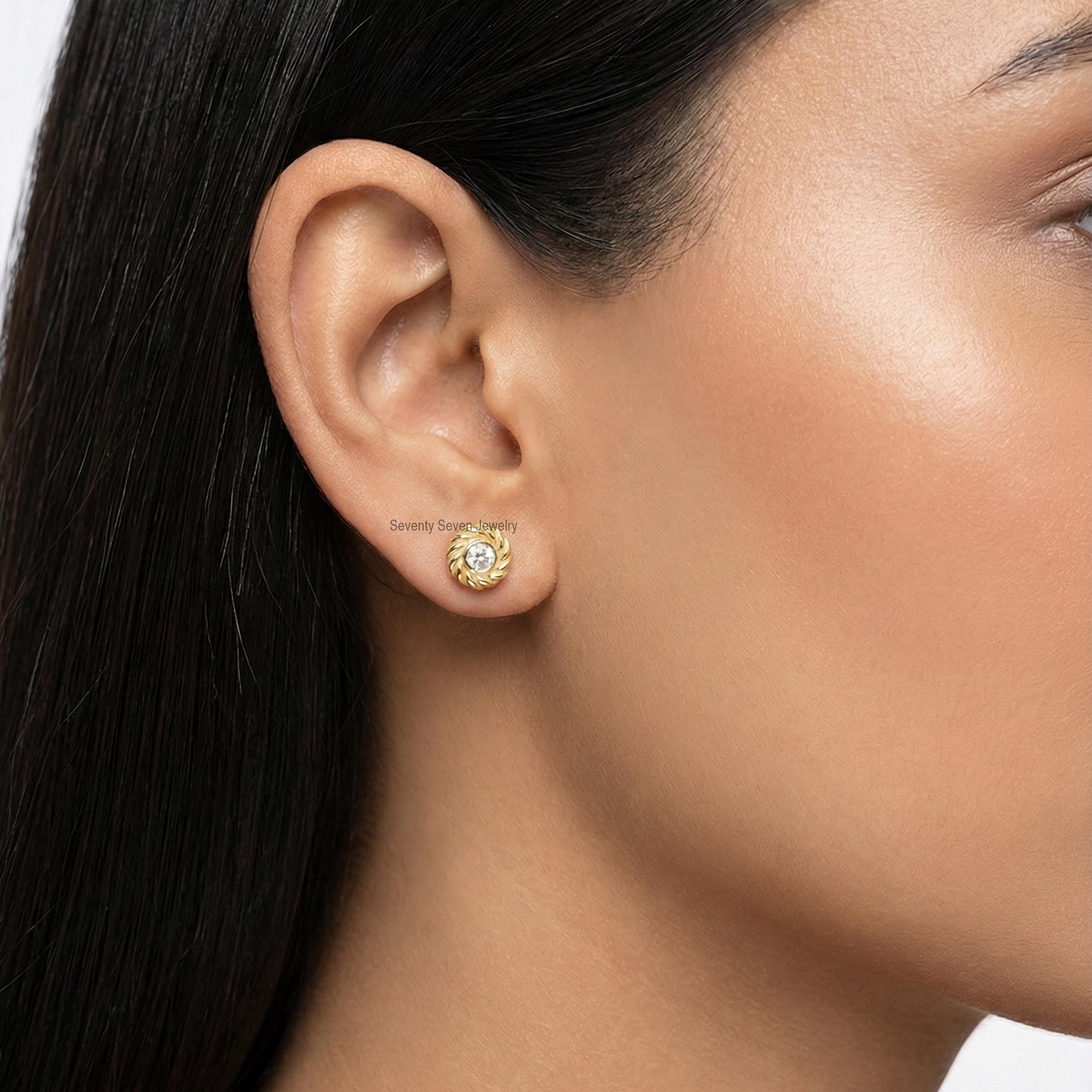 Solid 14K Gold twisted Stud Earrings, Petite Dainty Jewelry, Lab-Created Diamond - View 5 - Seventy Seven Jewelry | SKU: SSMJ Solid 14K Gold twisted Stud Earrings, Petite Dainty Jewelry, Lab-Created Diamond - View 5 - Seventy Seven Jewelry | SKU: SSMJ