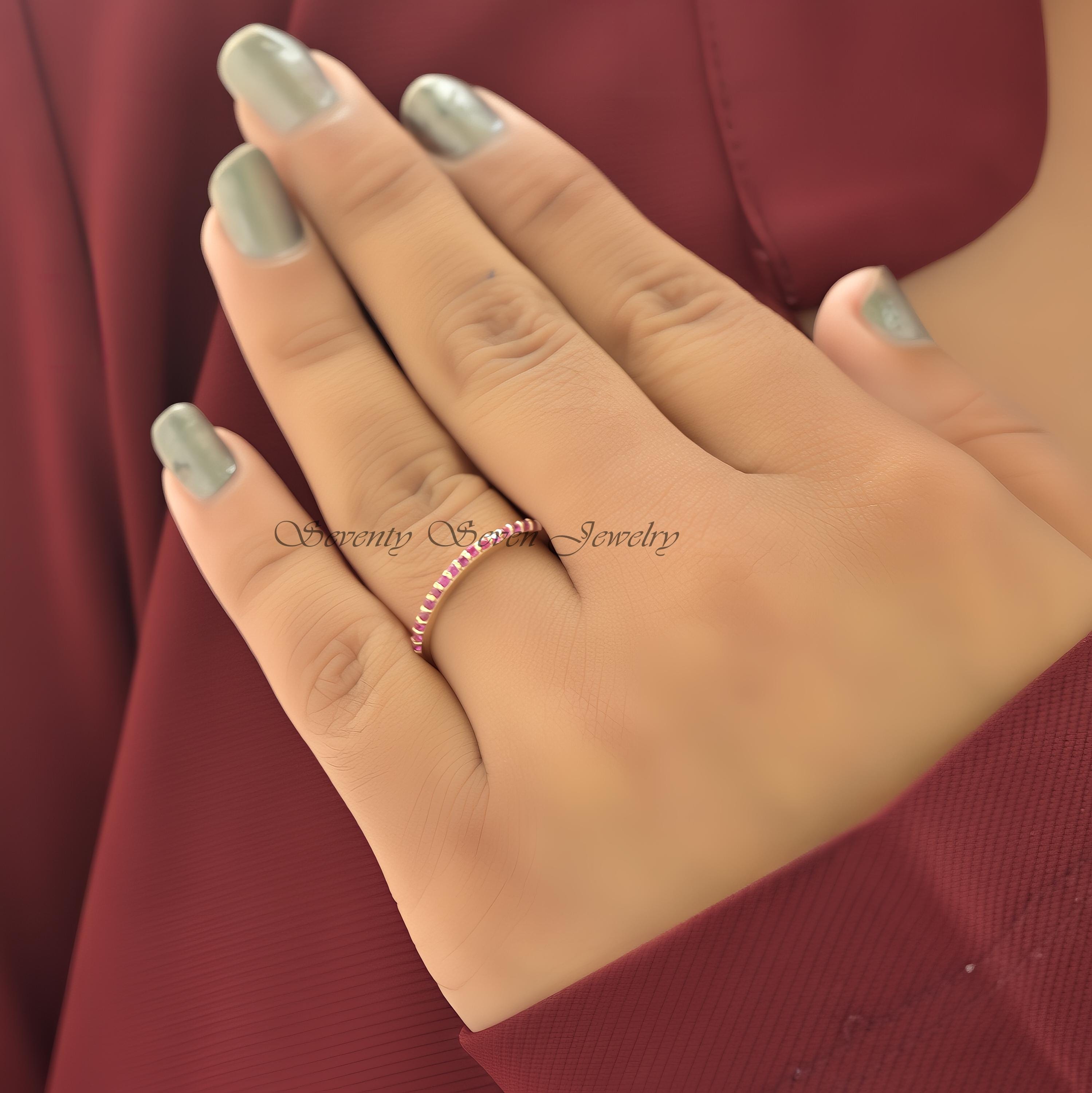 925 Silver Ruby Gemstone Ring: Dainty Half Eternity Band - View 2 - Seventy Seven Jewelry | SKU: SSMJR51-SLRGRU-2026 925 Silver Ruby Gemstone Ring: Dainty Half Eternity Band - View 2 - Seventy Seven Jewelry | SKU: SSMJR51-SLRGRU-2026