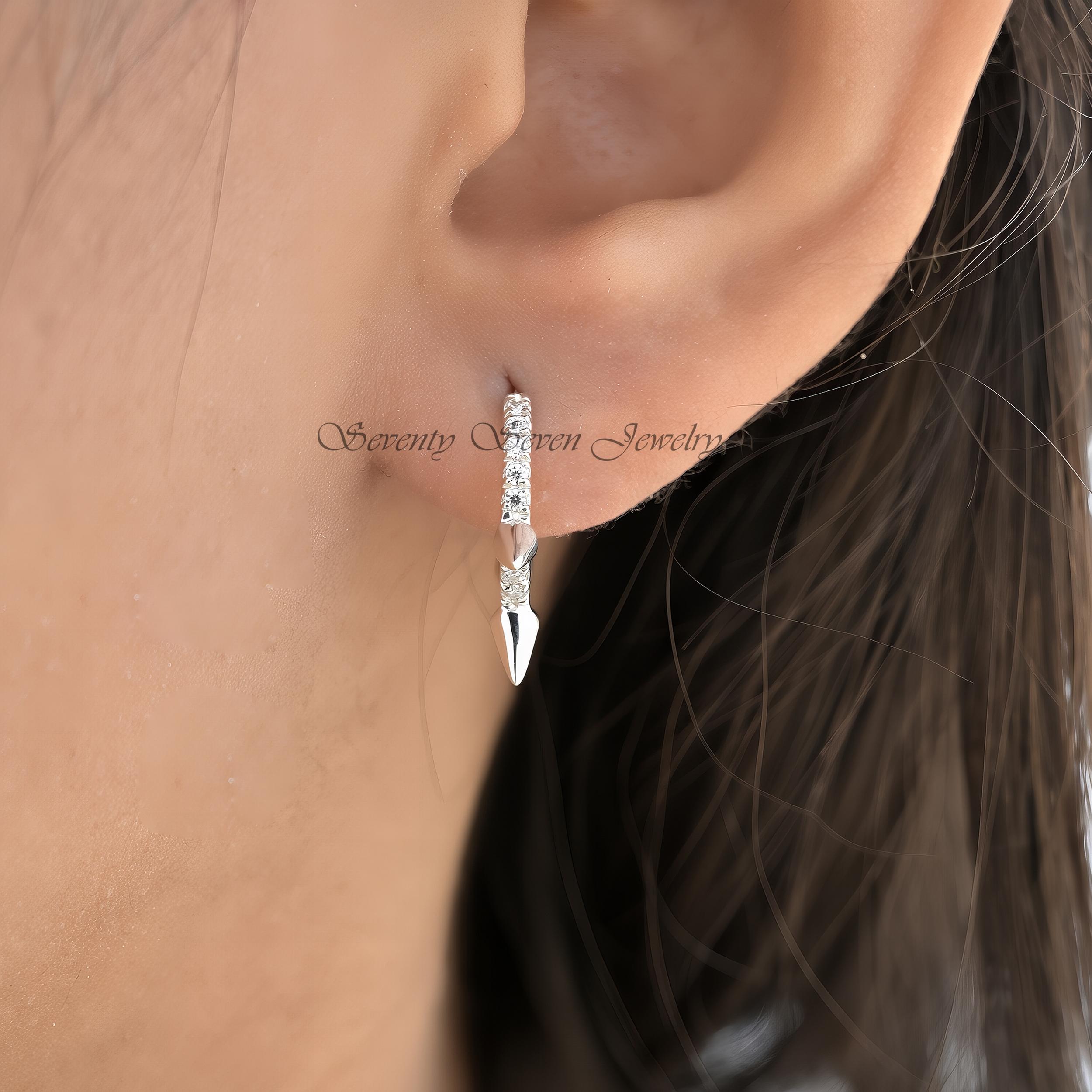 Gold Spike Hoop Earrings: CZ Diamond Huggies, 14K Hoops - View 2 - Seventy Seven Jewelry | SKU: SSMJE974-SLNSMN-12M-2026 Gold Spike Hoop Earrings: CZ Diamond Huggies, 14K Hoops - View 2 - Seventy Seven Jewelry | SKU: SSMJE974-SLNSMN-12M-2026