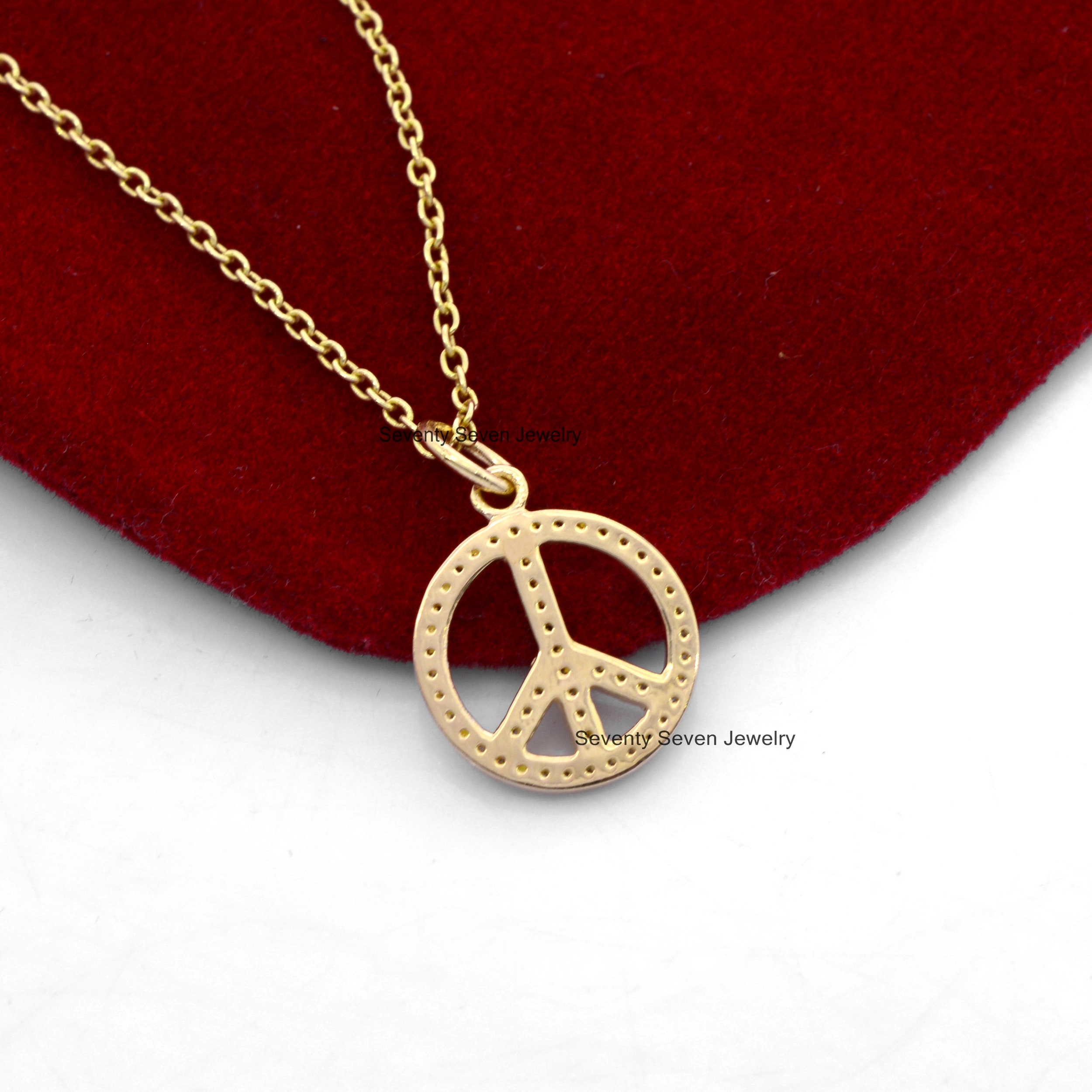 Diamond Peace Sign Pendant Necklace: Sterling Silver Charm (16 MM) - View 3 - Seventy Seven Jewelry | SKU: SSMJP357-SLYGDI-16 Diamond Peace Sign Pendant Necklace: Sterling Silver Charm (16 MM) - View 3 - Seventy Seven Jewelry | SKU: SSMJP357-SLYGDI-16