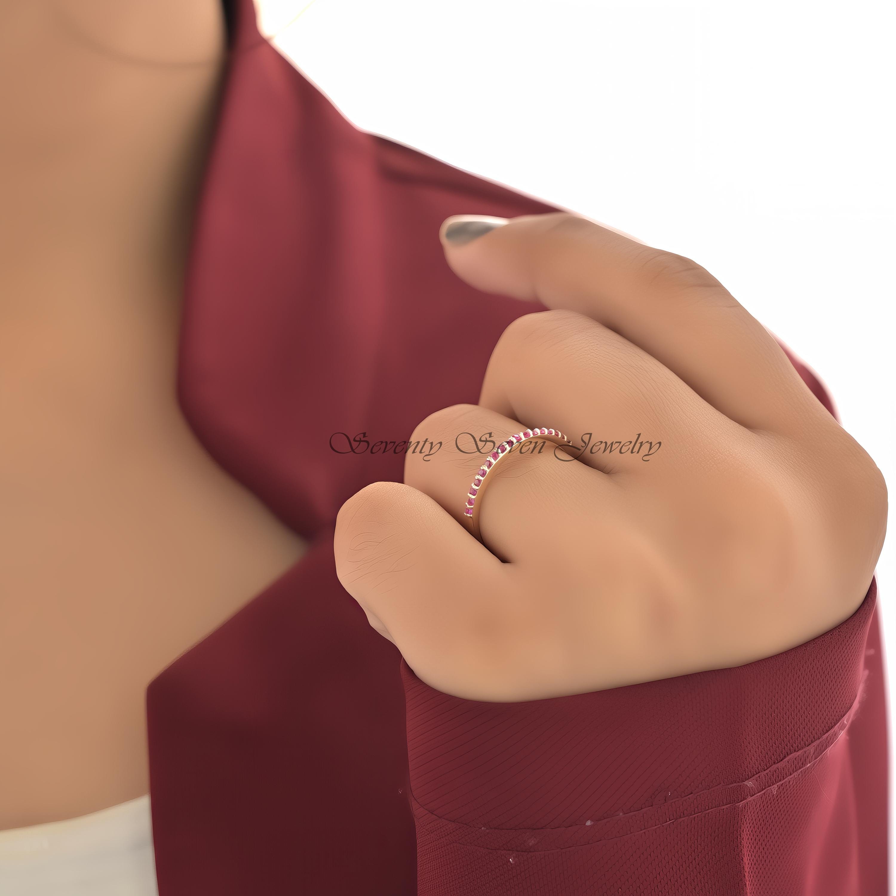 9k Gold Ruby Eternity Band: Minimalist Micro Pave Wedding Ring - View 3 - Seventy Seven Jewelry | SKU: SSMJR51-9KYGRU-2026 9k Gold Ruby Eternity Band: Minimalist Micro Pave Wedding Ring - View 3 - Seventy Seven Jewelry | SKU: SSMJR51-9KYGRU-2026