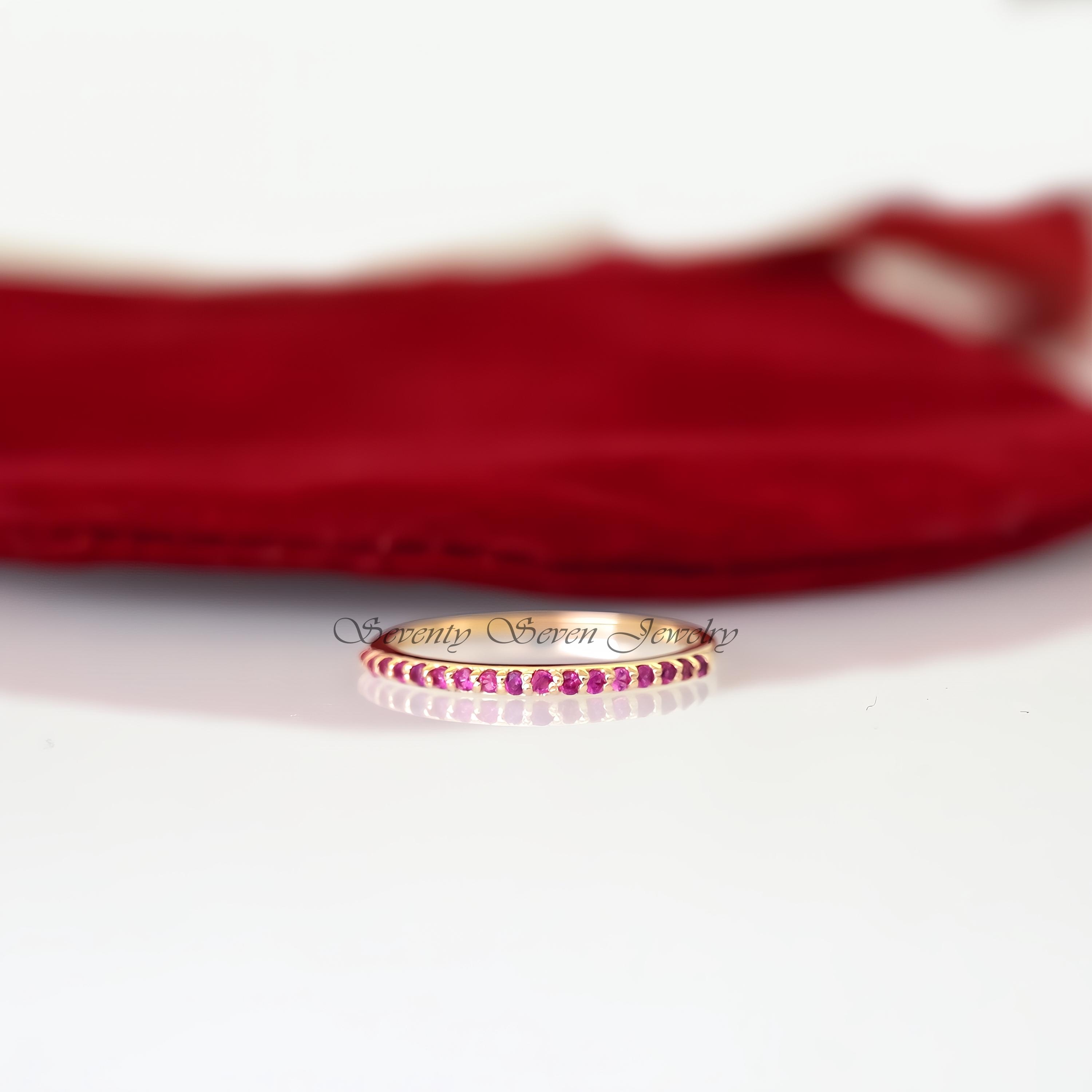 9k Gold Ruby Eternity Band: Minimalist Micro Pave Wedding Ring - Seventy Seven Jewelry | SKU: SSMJR51-9KYGRU-2026 9k Gold Ruby Eternity Band: Minimalist Micro Pave Wedding Ring - Seventy Seven Jewelry | SKU: SSMJR51-9KYGRU-2026