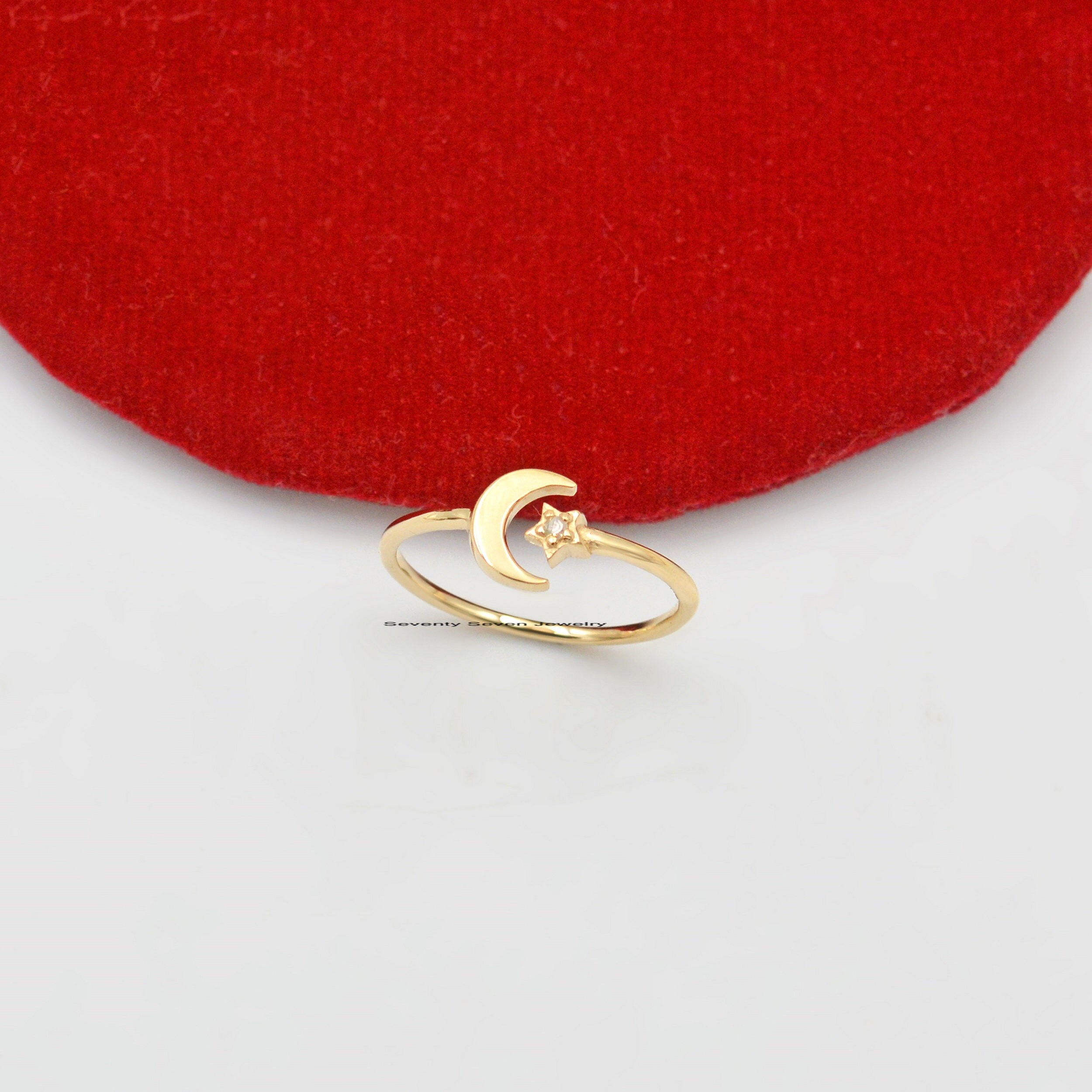14k Gold Diamond Moon and Star Ring: Adjustable Celestial Jewelry - View 7 - Seventy Seven Jewelry | SKU: SSMJR628-14KYGDI-20 14k Gold Diamond Moon and Star Ring: Adjustable Celestial Jewelry - View 7 - Seventy Seven Jewelry | SKU: SSMJR628-14KYGDI-20